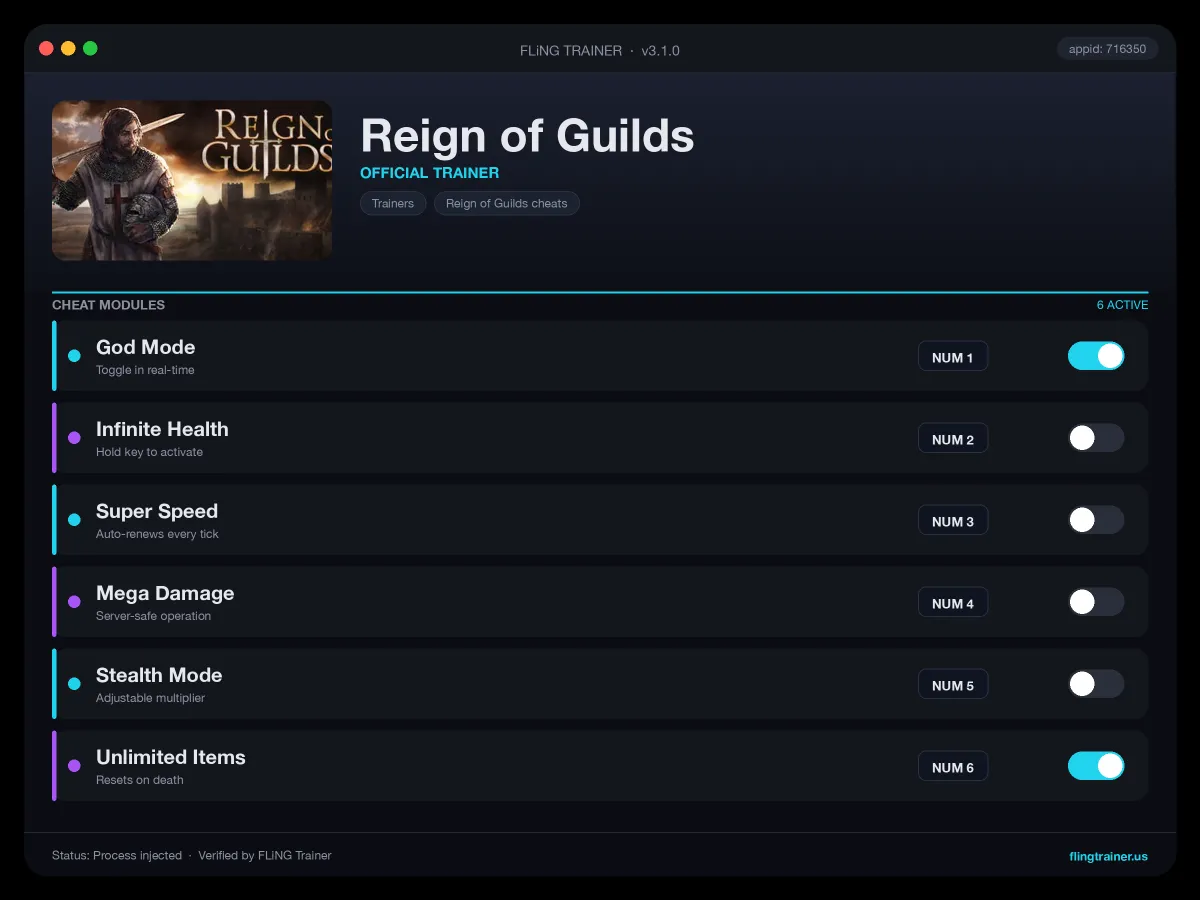Reign of Guilds Trainer interface
