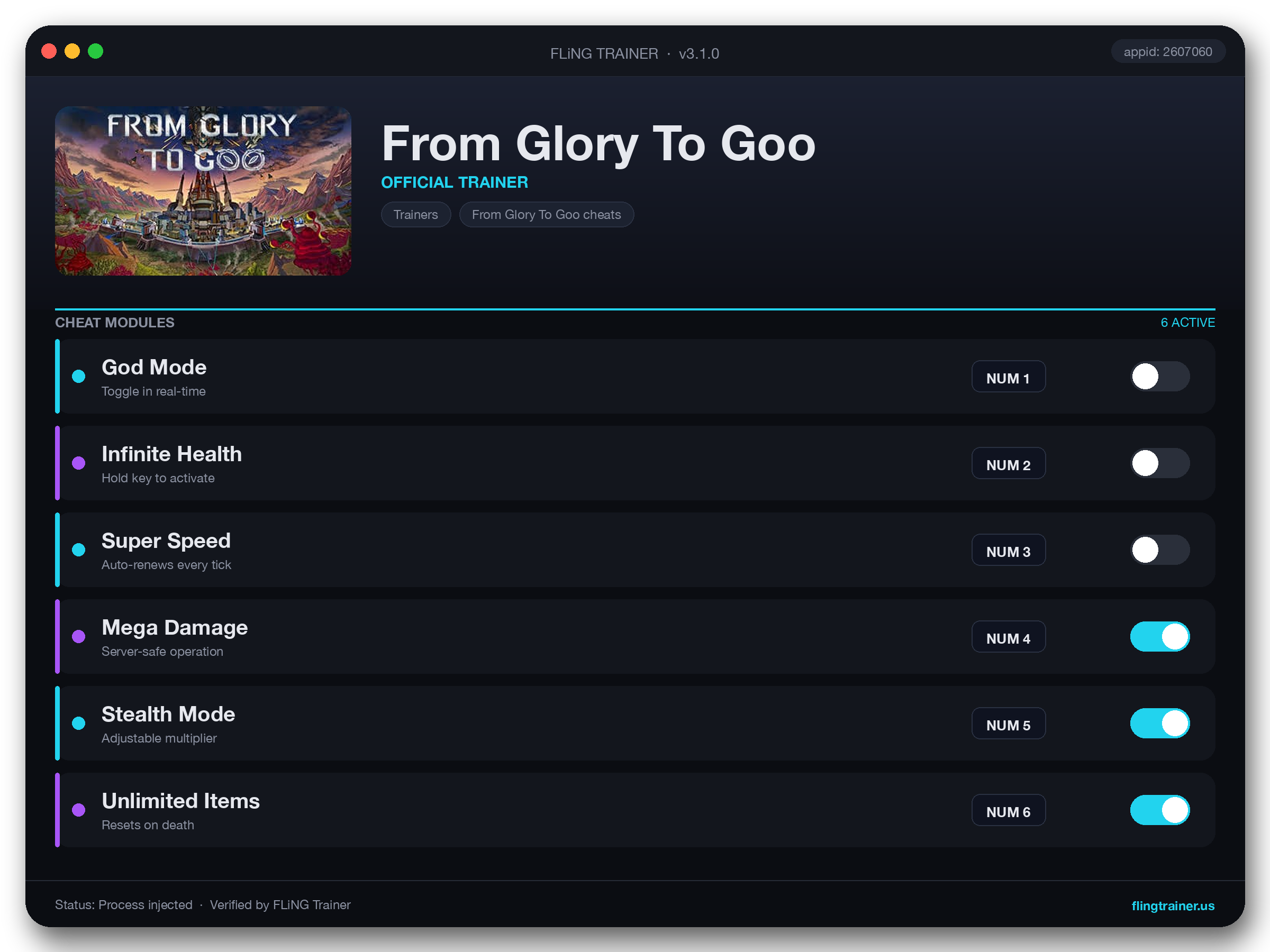 From Glory To Goo Trainer interface