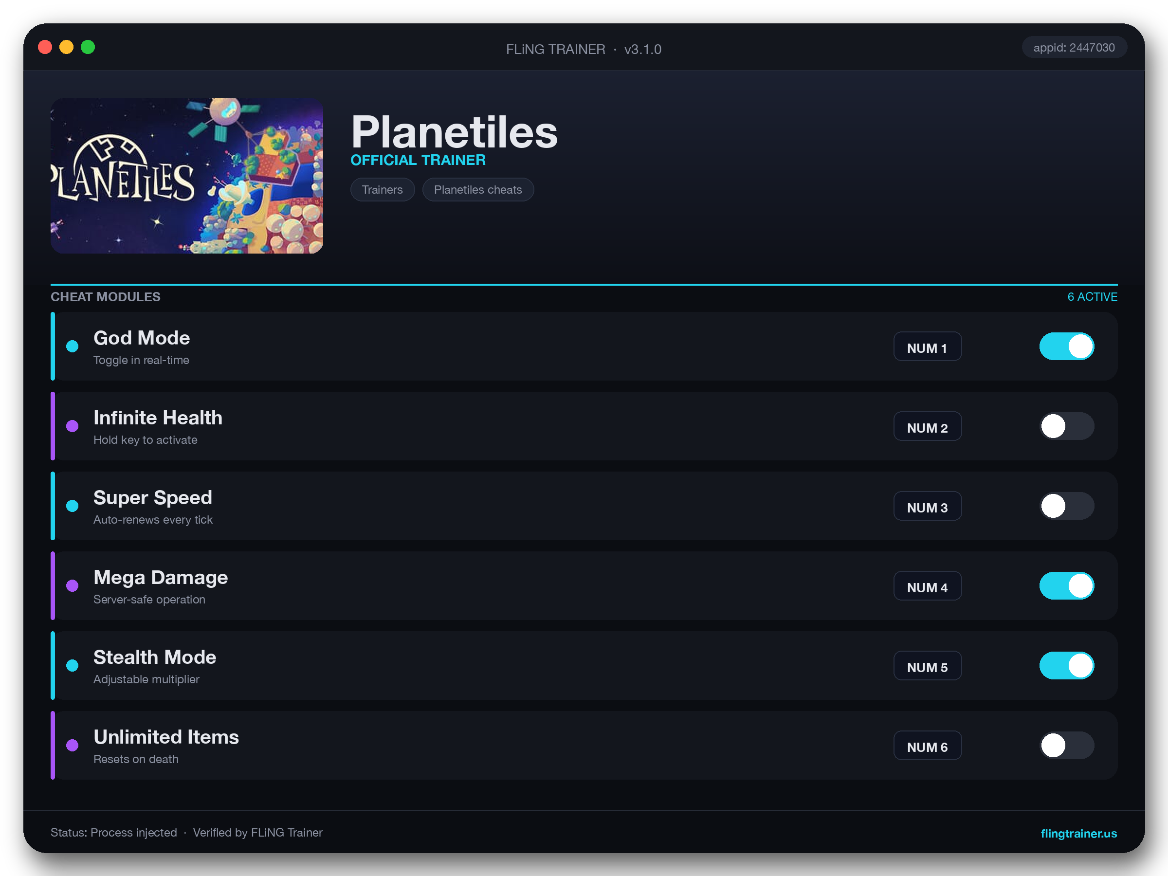 Planetiles Trainer interface