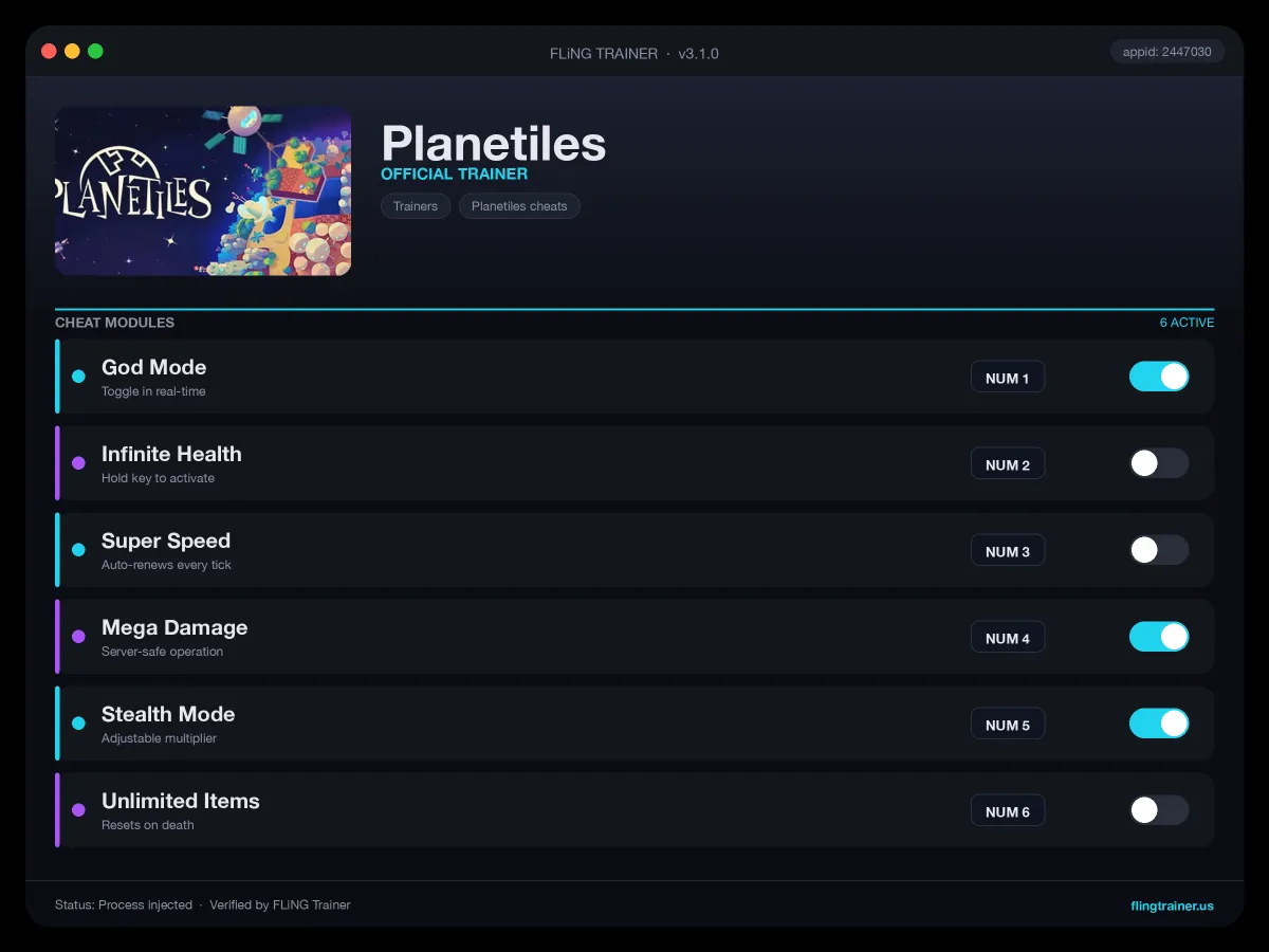 Planetiles Trainer interface