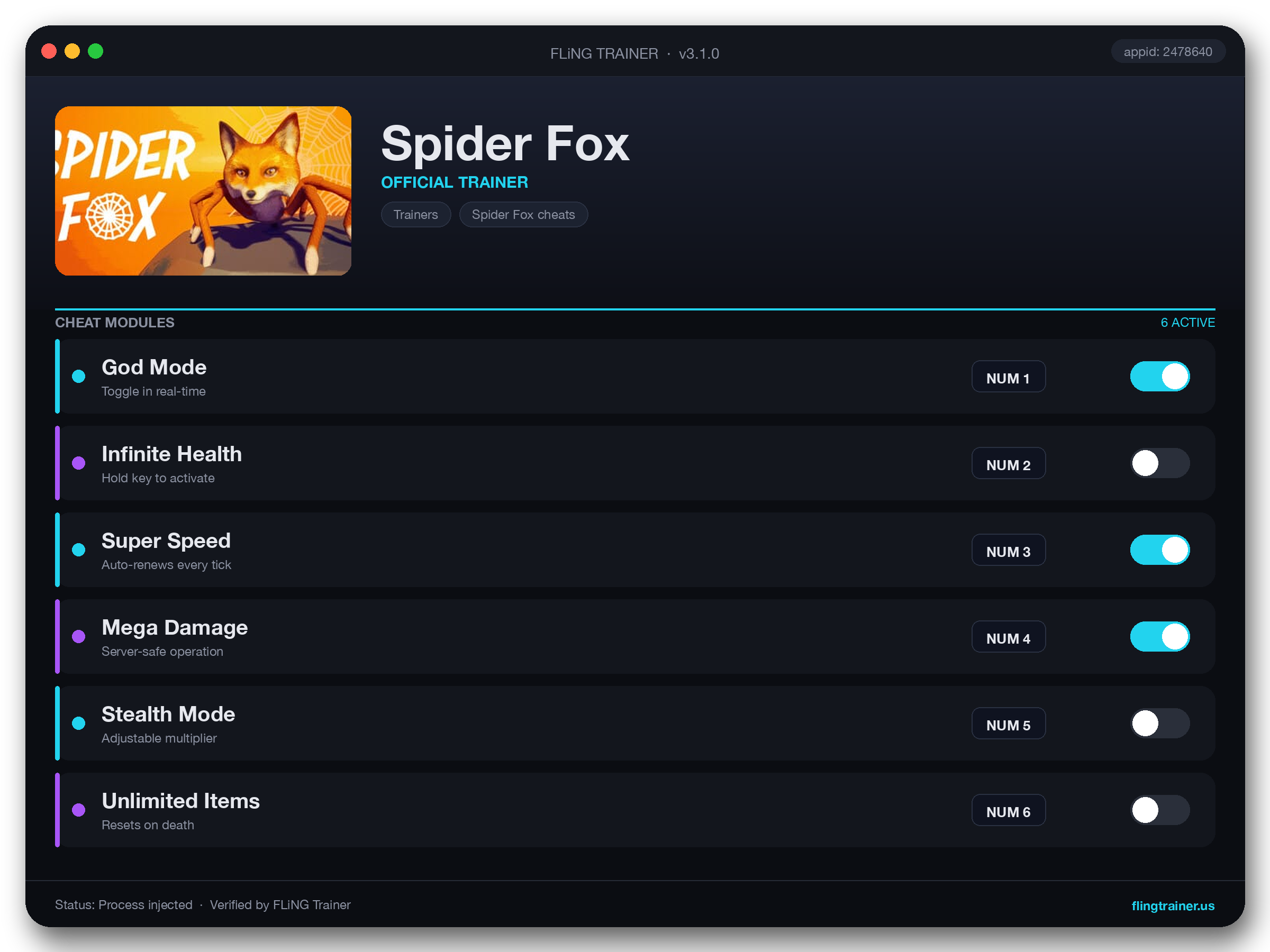 Spider Fox Trainer interface