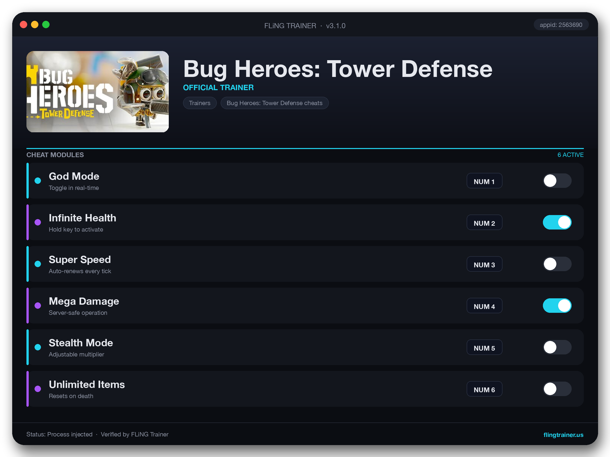 Bug Heroes: Tower Defense Trainer interface