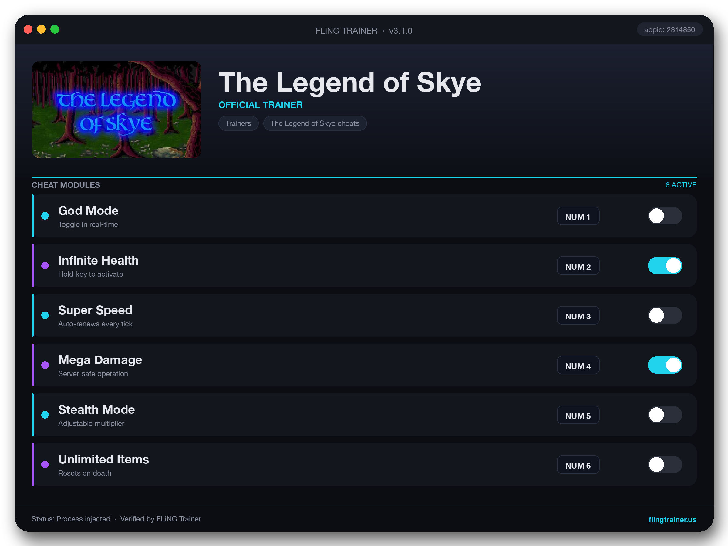 The Legend of Skye Trainer interface