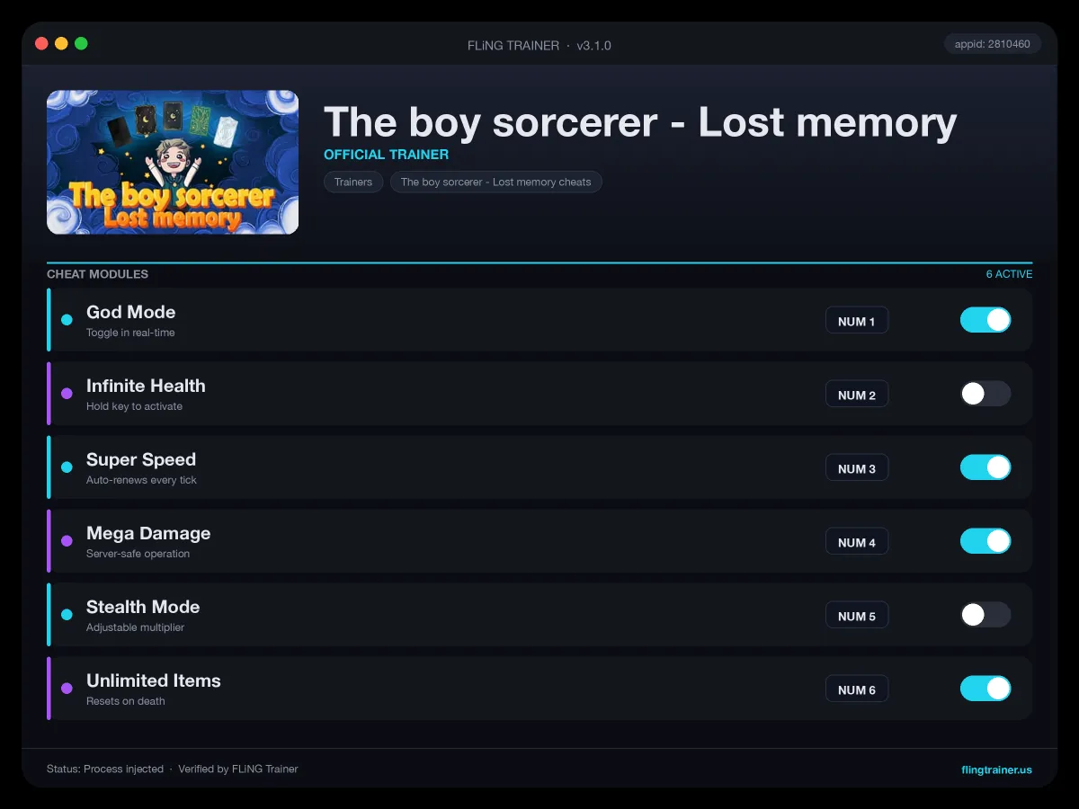 The boy sorcerer - Lost memory Trainer interface
