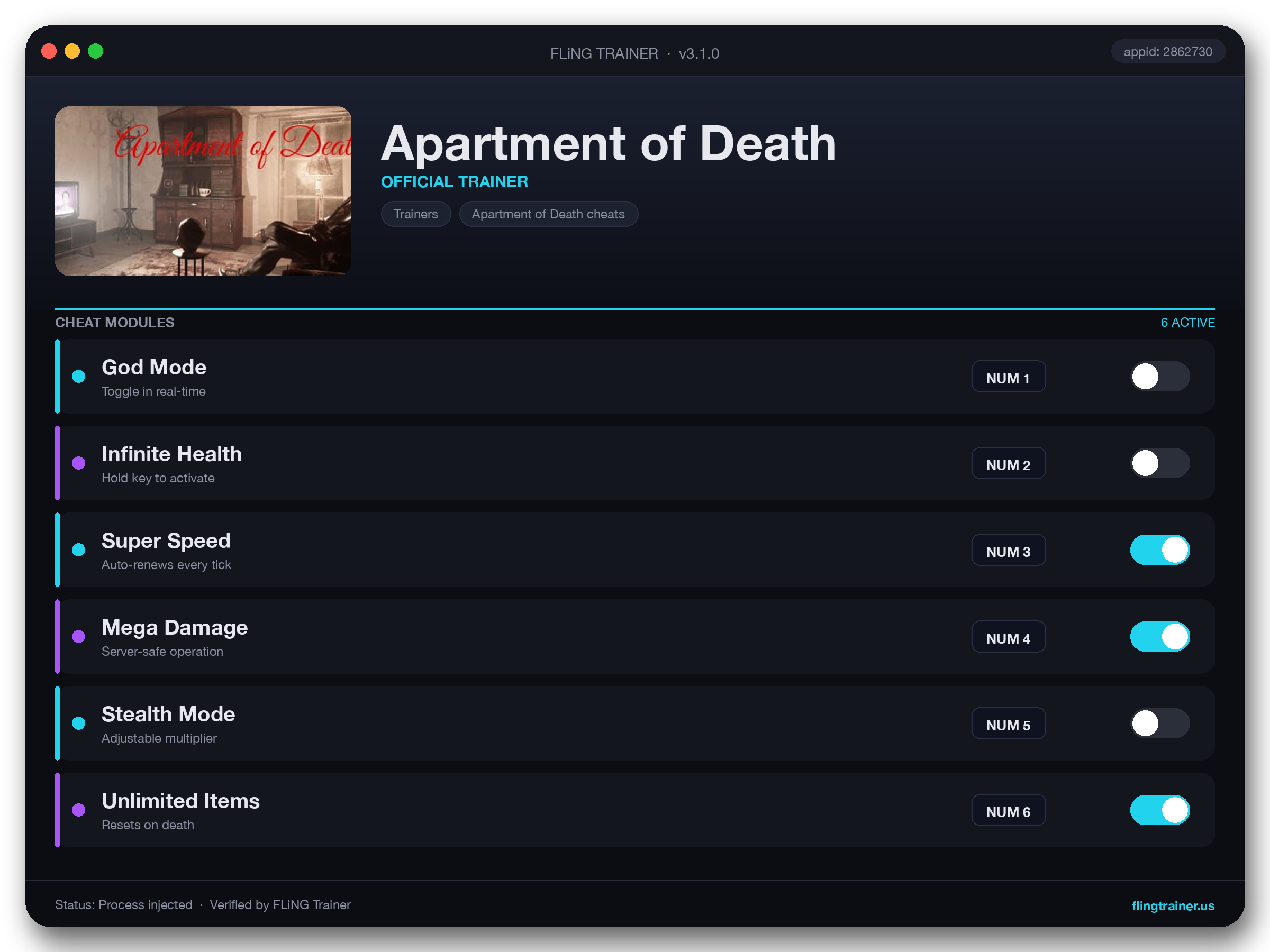 Apartment of Death Trainer interface