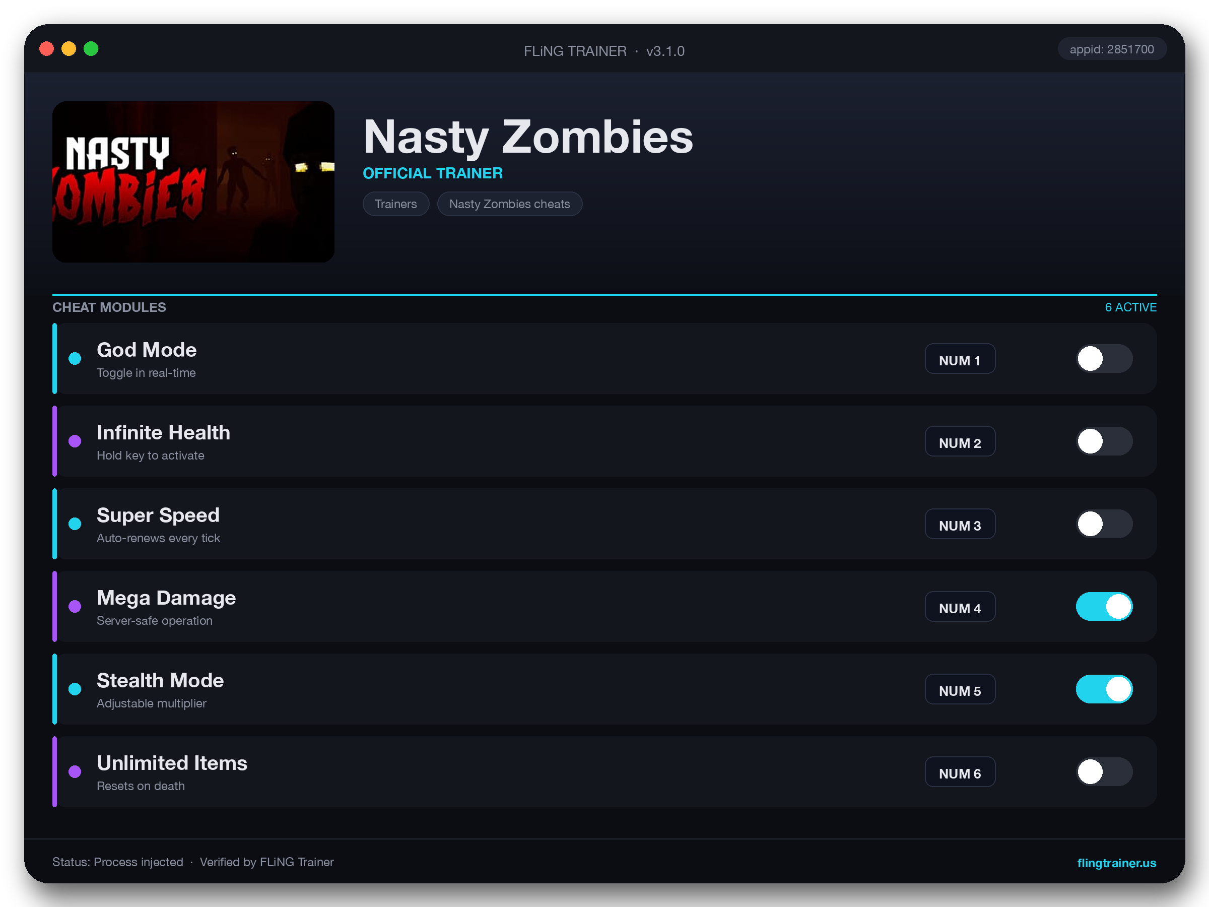 Nasty Zombies Trainer interface