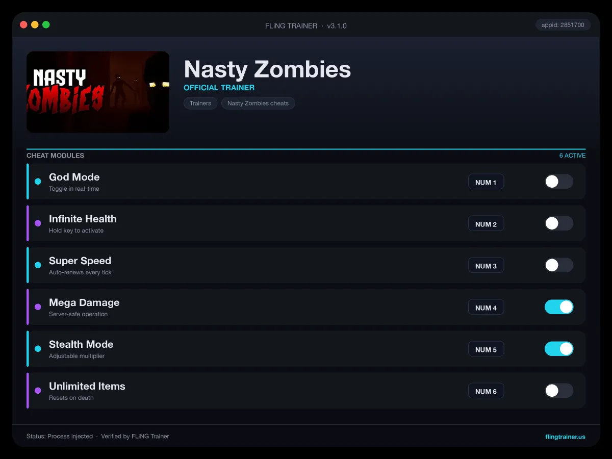 Nasty Zombies Trainer interface