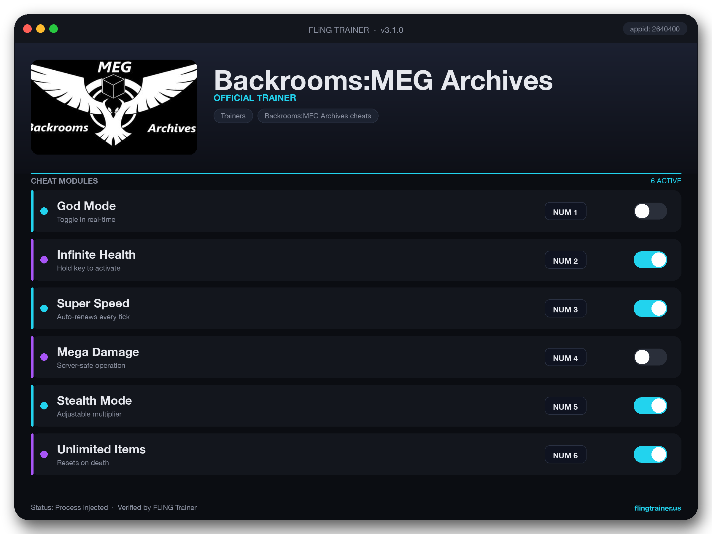 Backrooms:MEG Archives Trainer interface