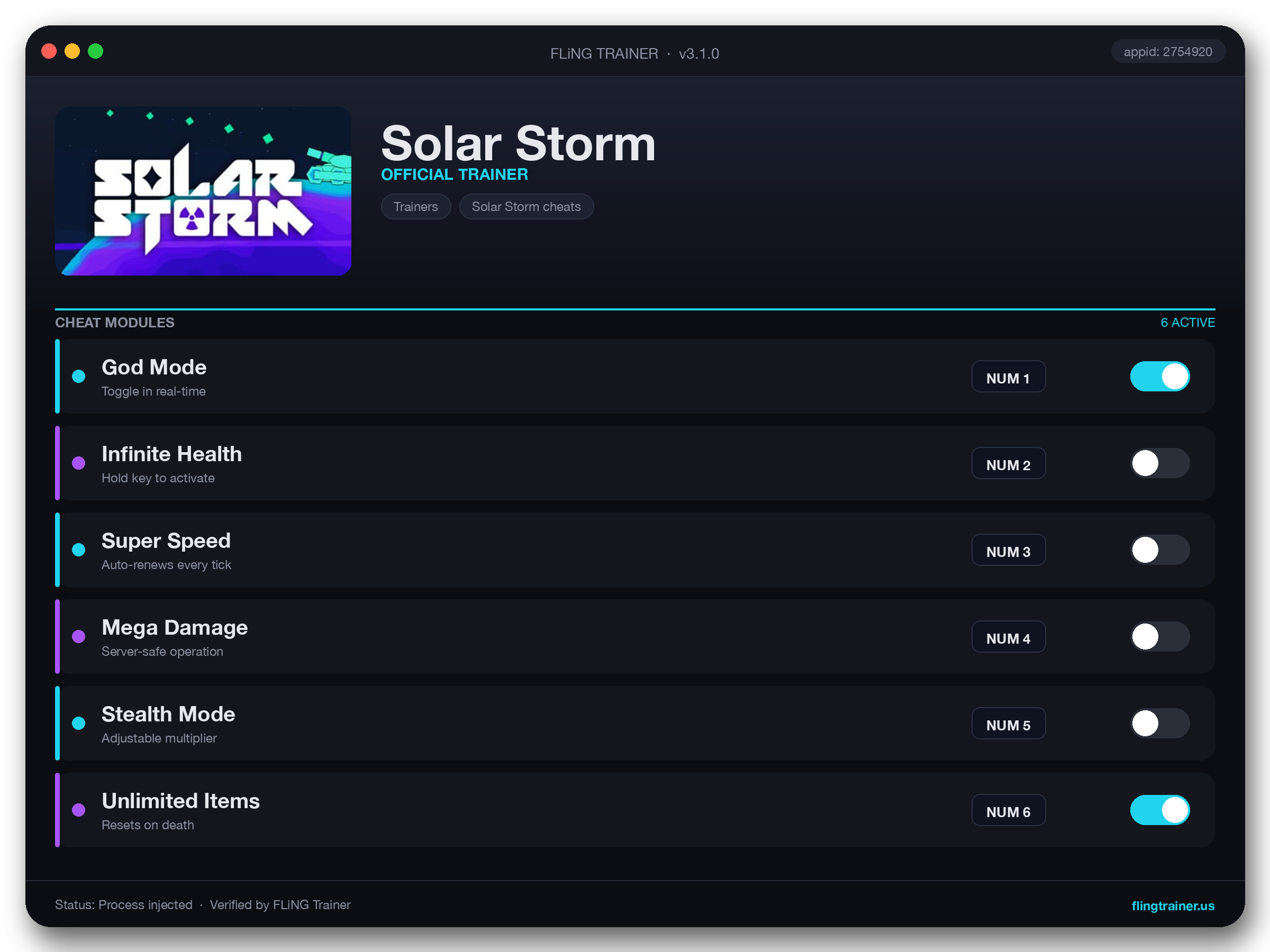 Solar Storm Trainer interface