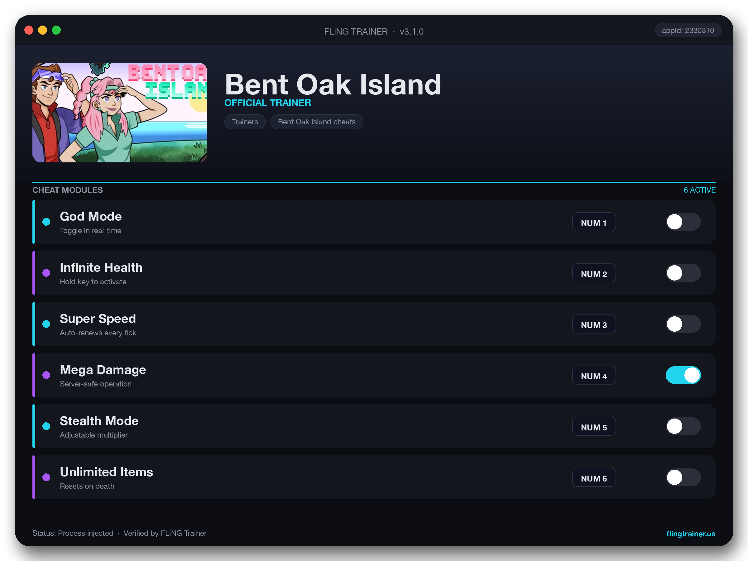 Bent Oak Island Trainer interface