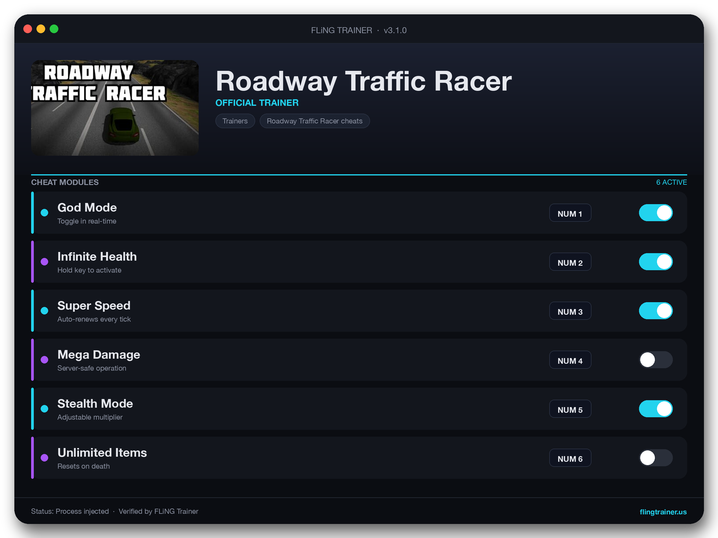 Roadway Traffic Racer Trainer interface