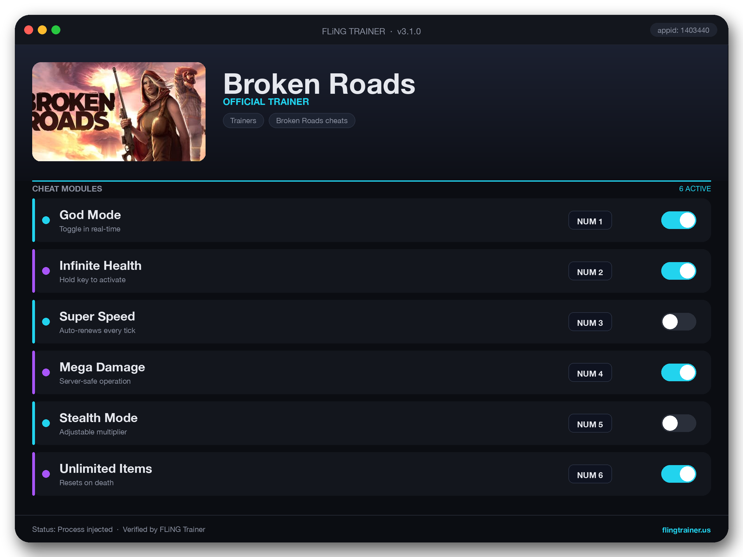Broken Roads Trainer interface