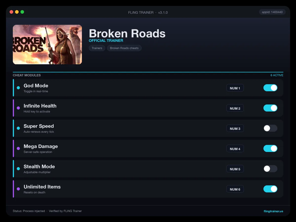 Broken Roads Trainer interface