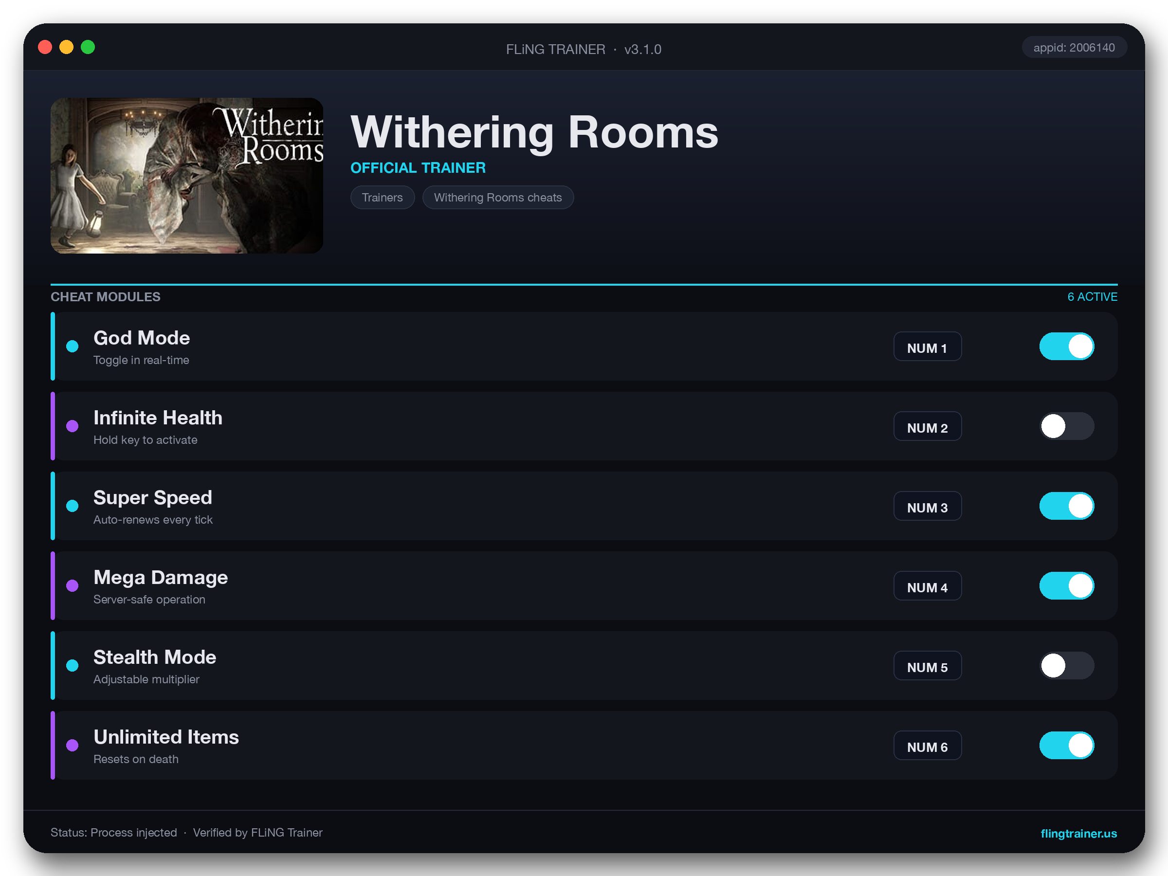 Withering Rooms Trainer interface