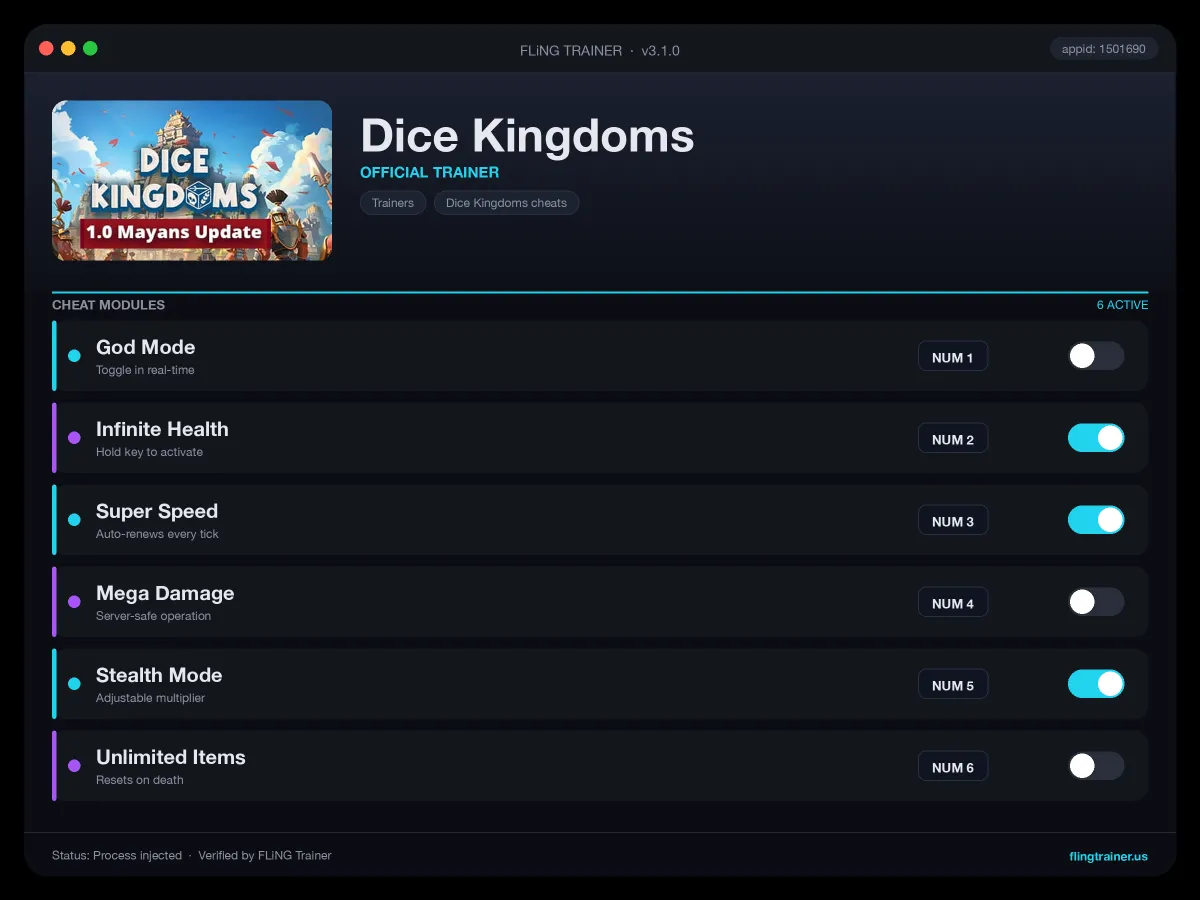 Dice Kingdoms Trainer interface