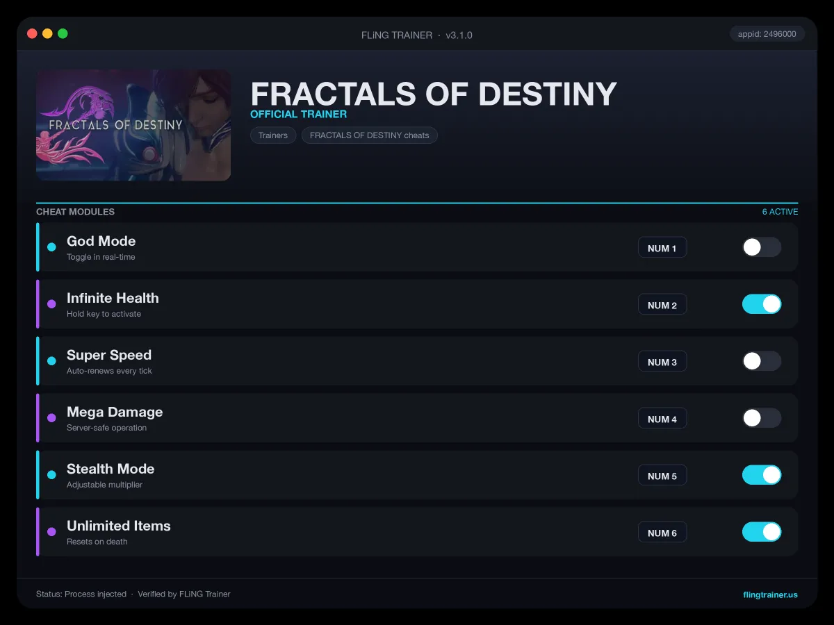 FRACTALS OF DESTINY Trainer interface