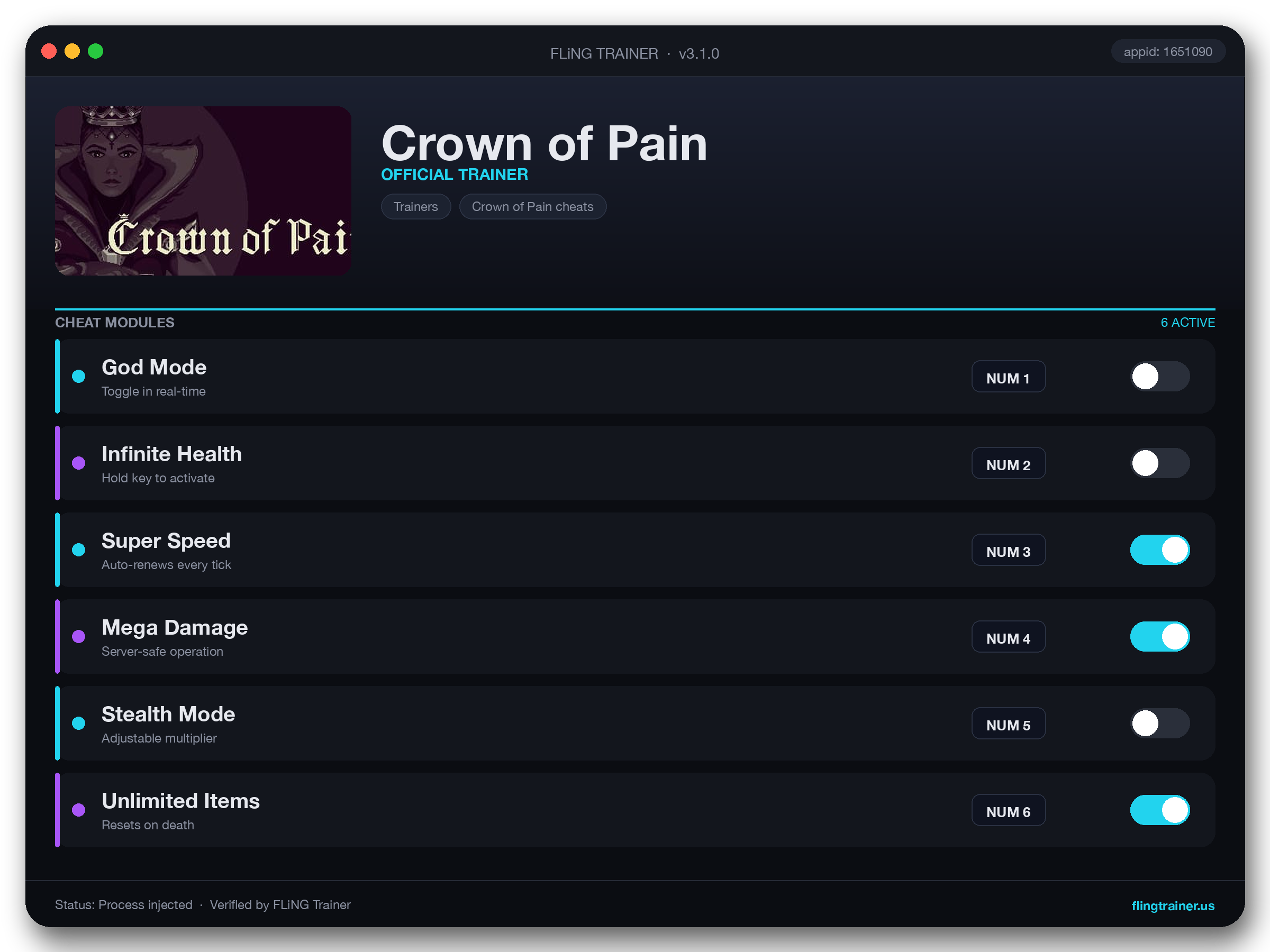 Crown of Pain Trainer interface