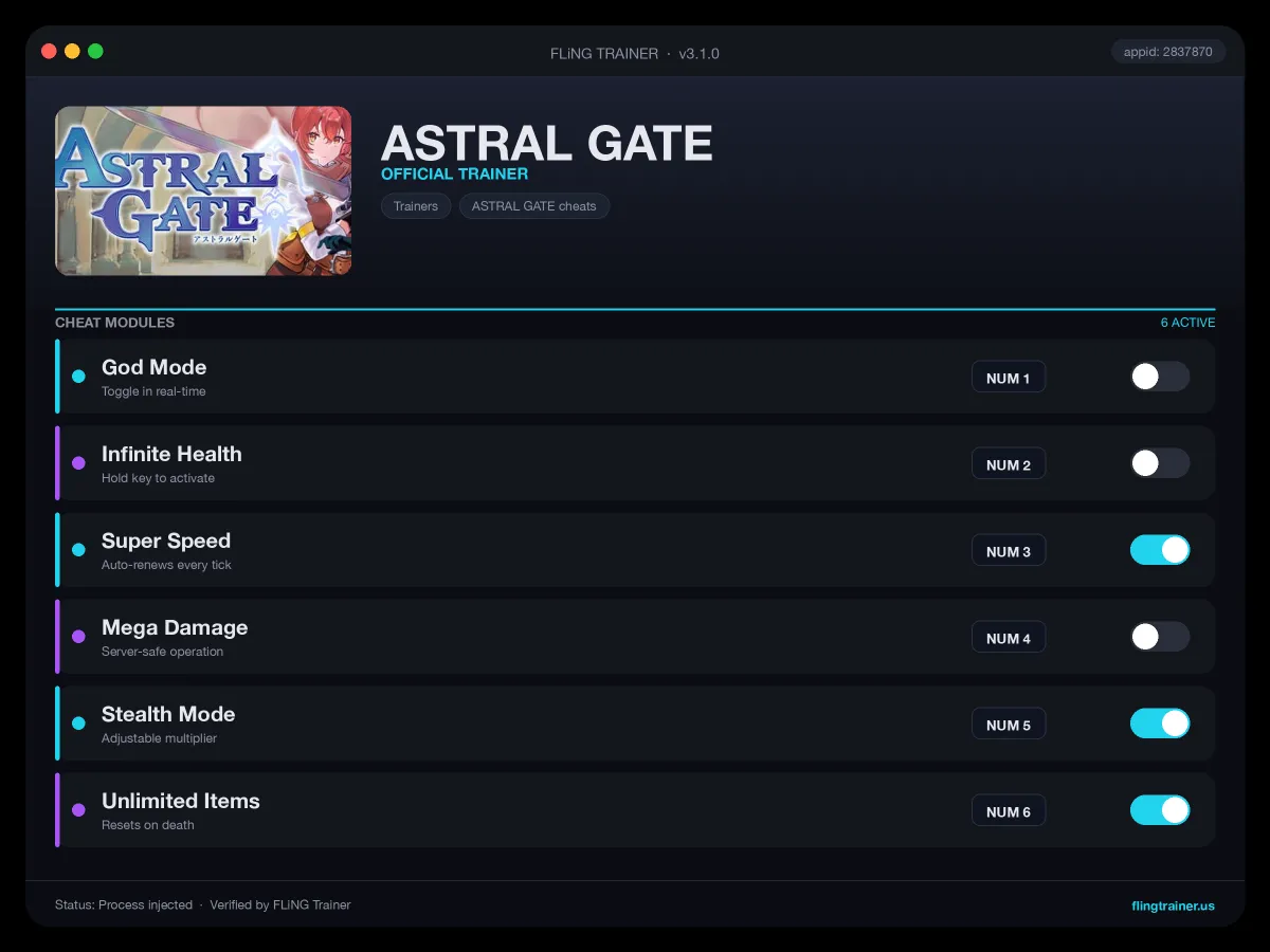 ASTRAL GATE Trainer interface