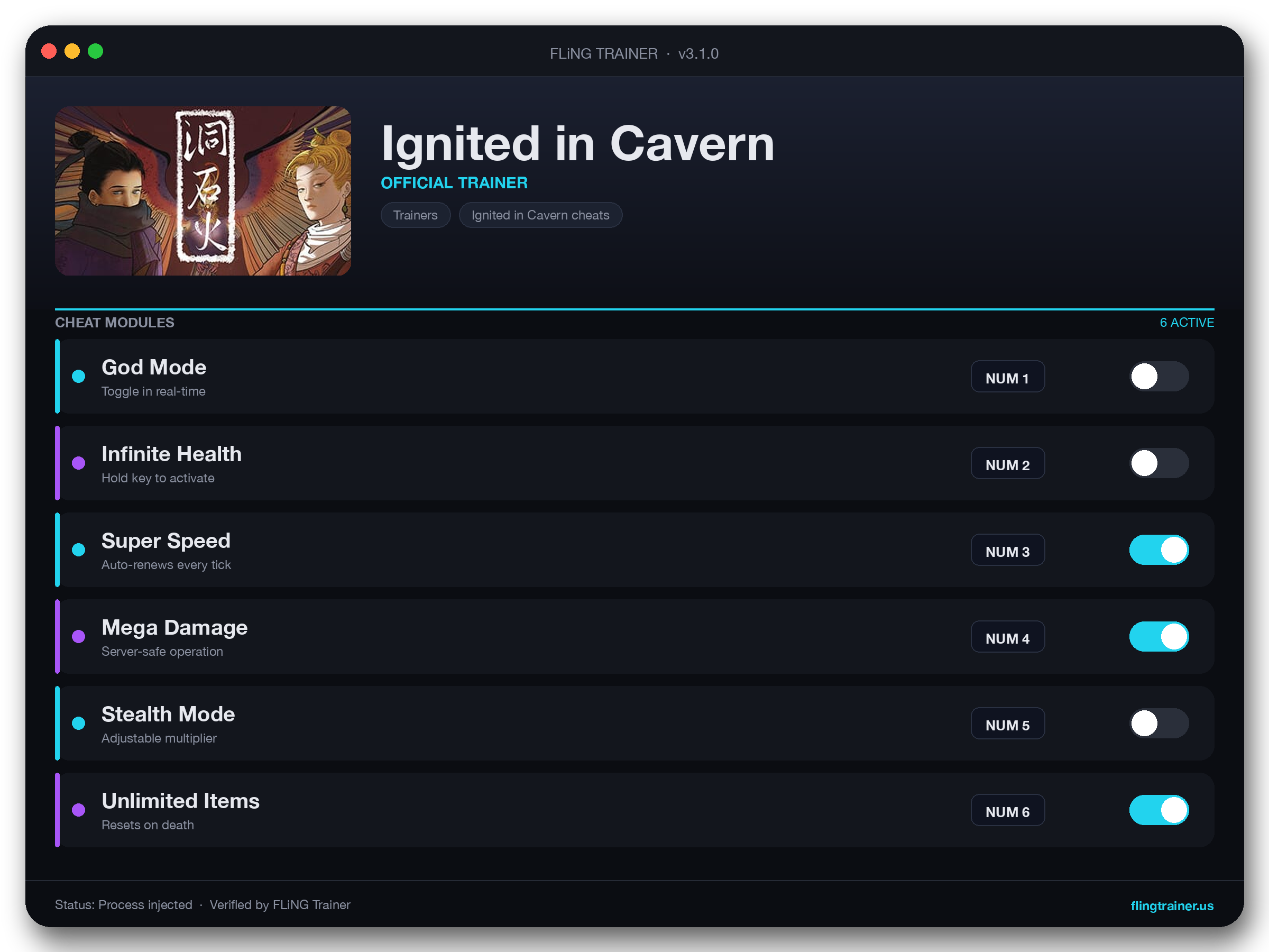 Ignited in Cavern Trainer interface