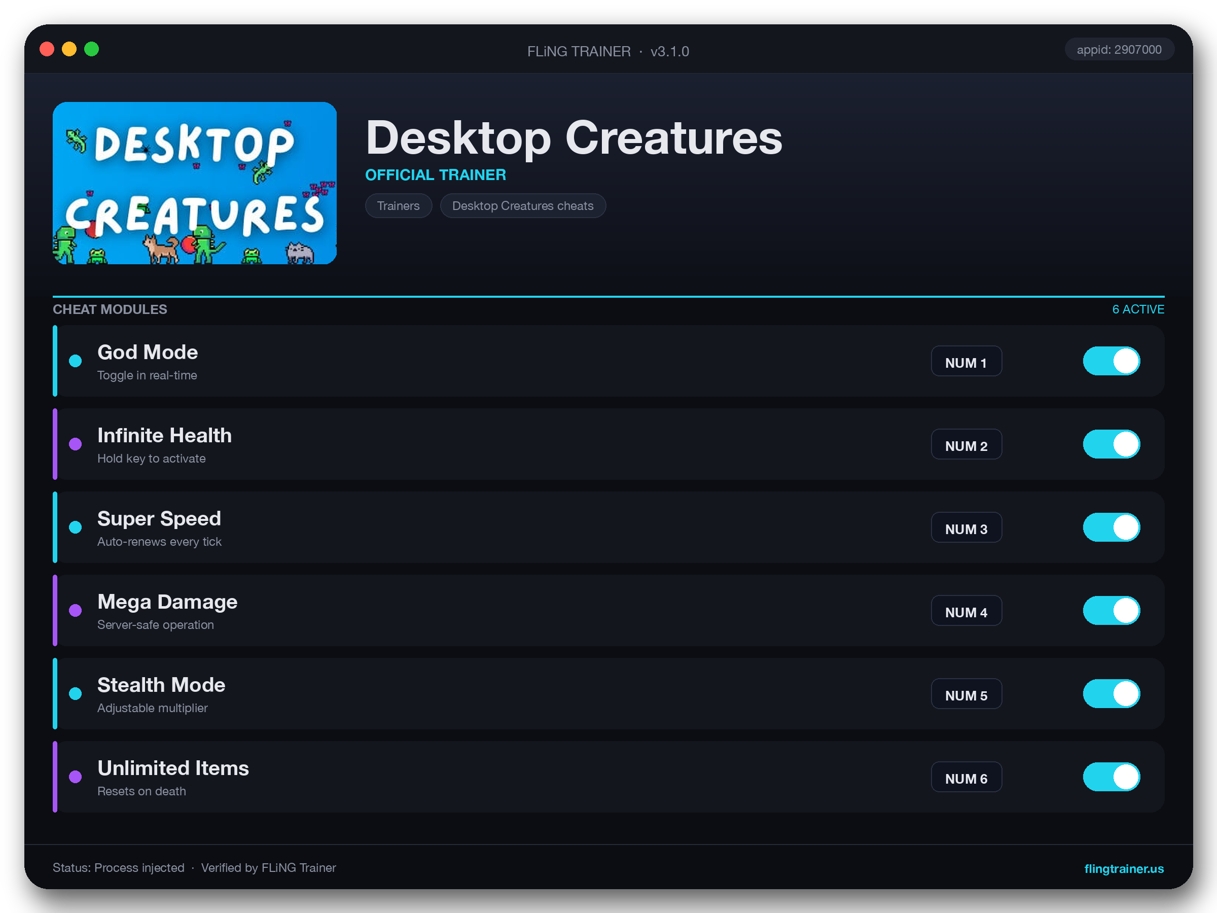 Desktop Creatures Trainer interface