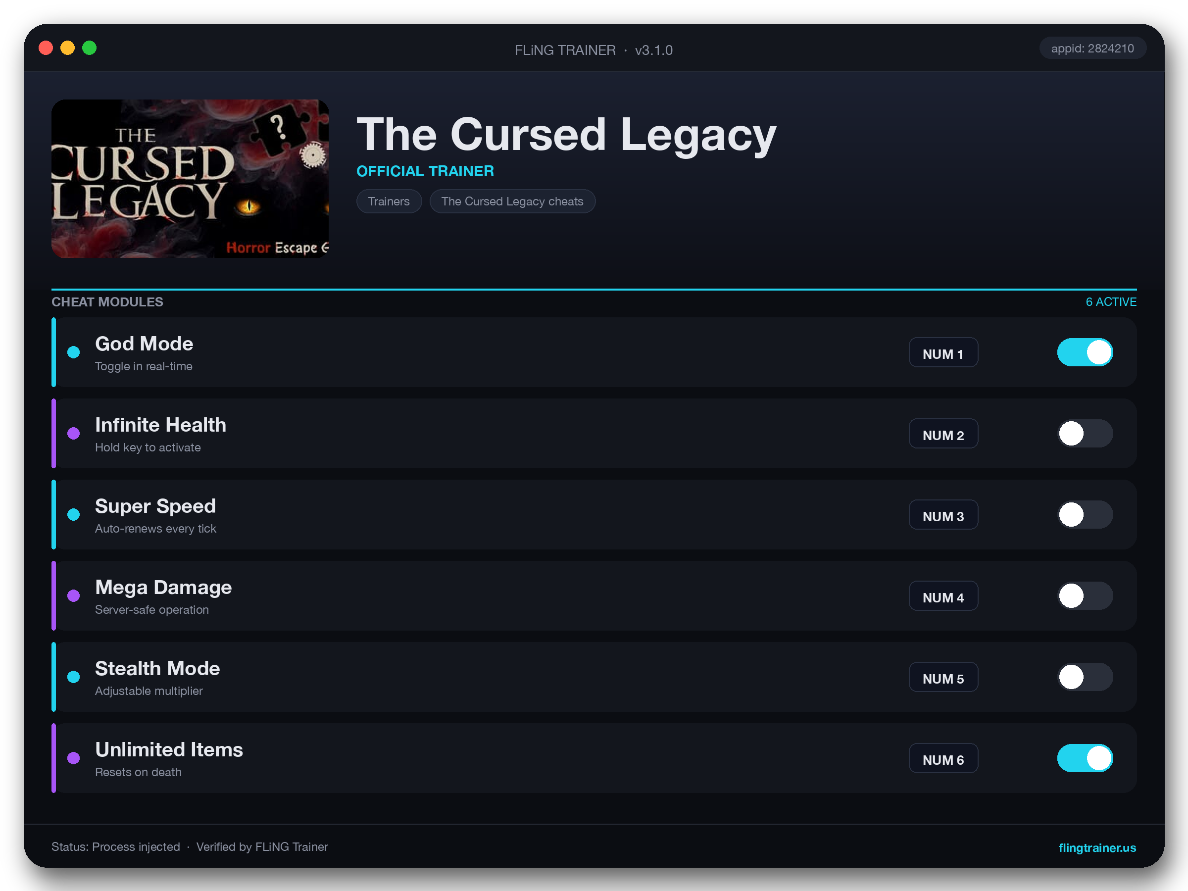 The Cursed Legacy Trainer interface