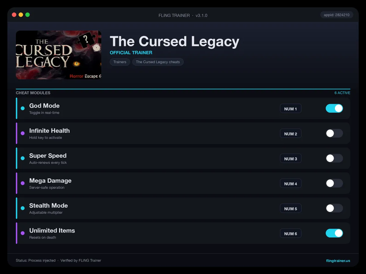 The Cursed Legacy Trainer interface