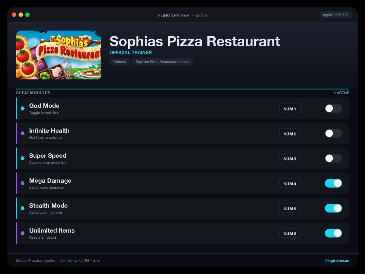 Sophias Pizza Restaurant Trainer interface