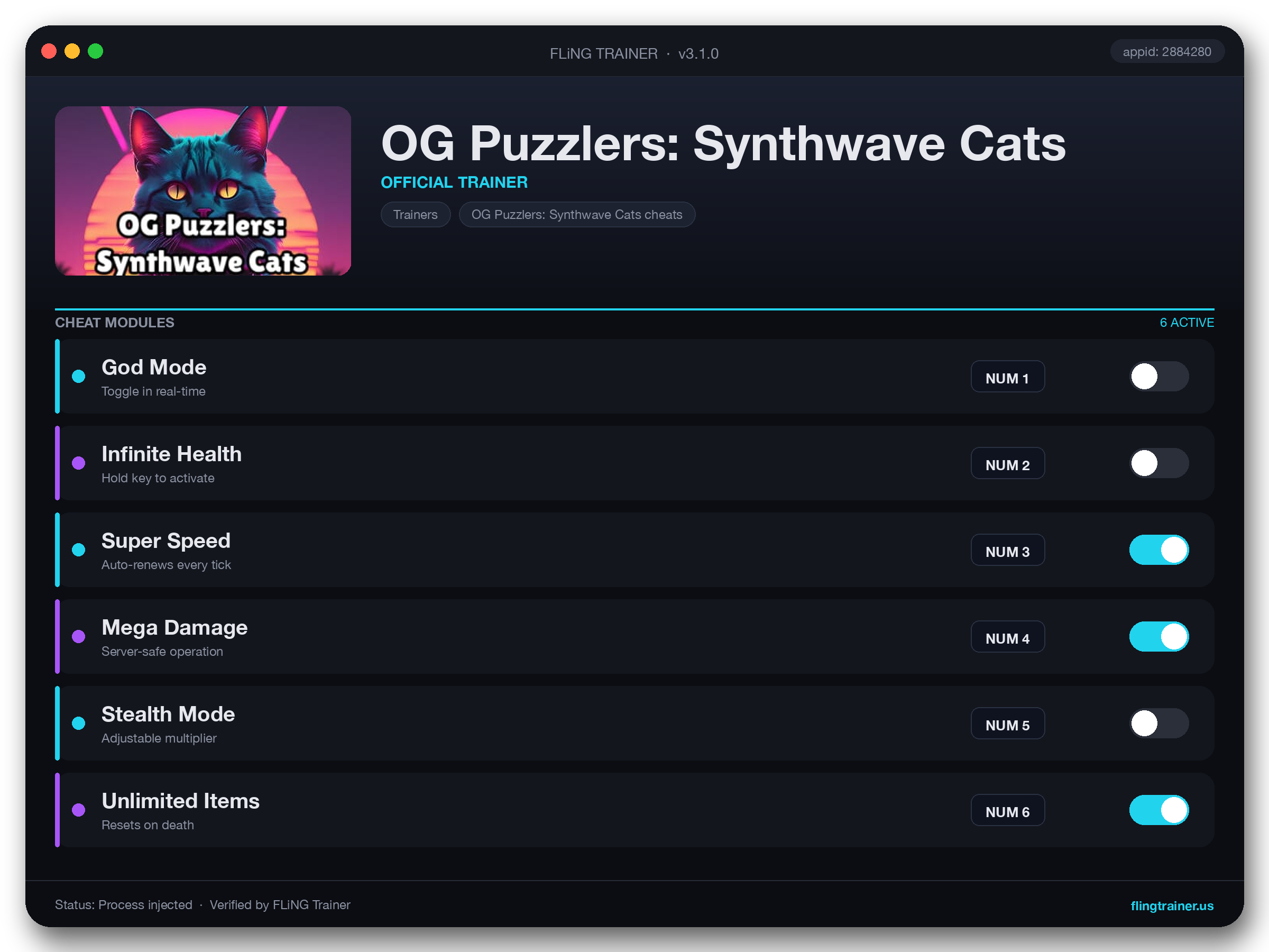 OG Puzzlers: Synthwave Cats Trainer interface
