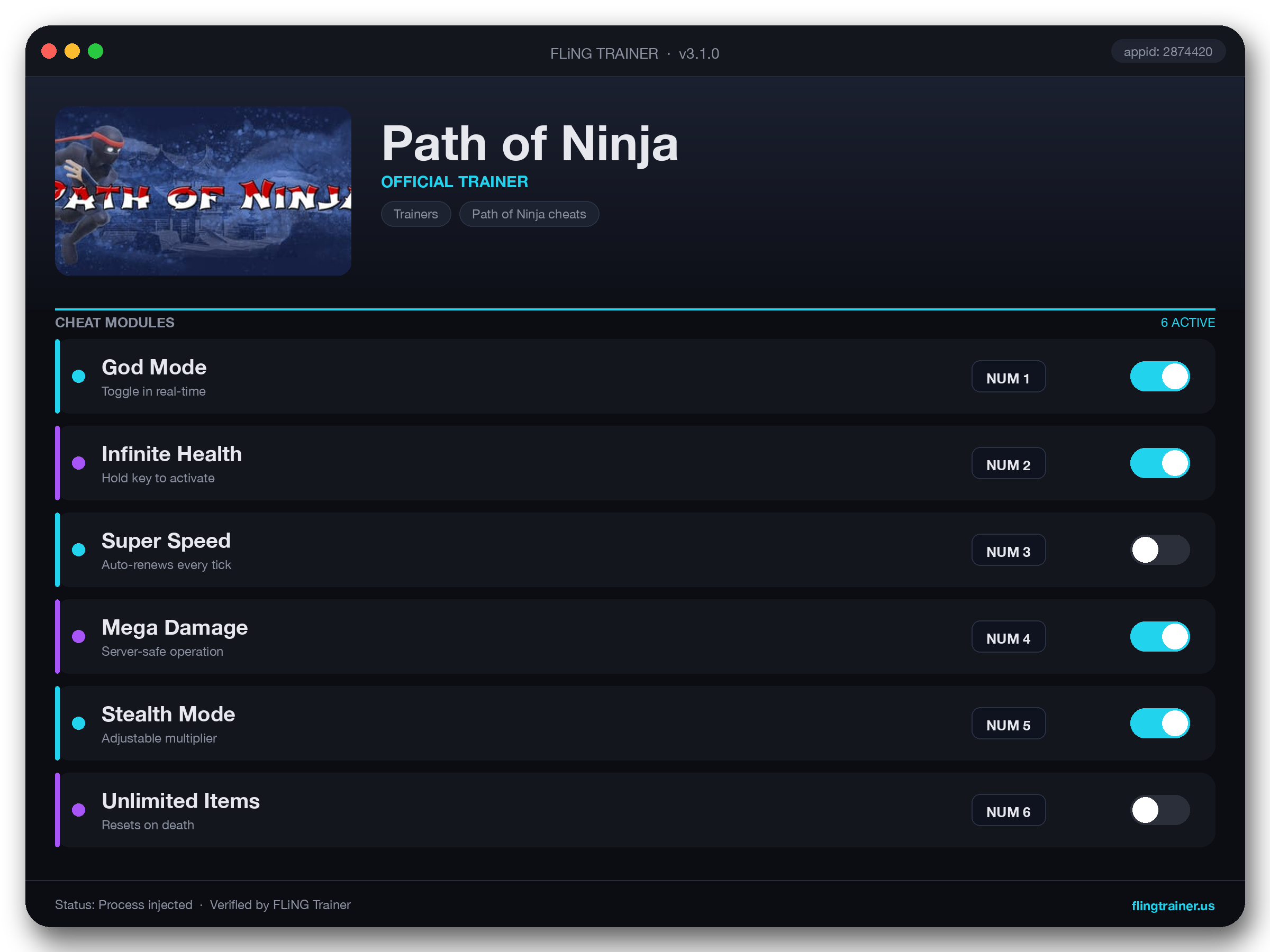 Path of Ninja Trainer interface