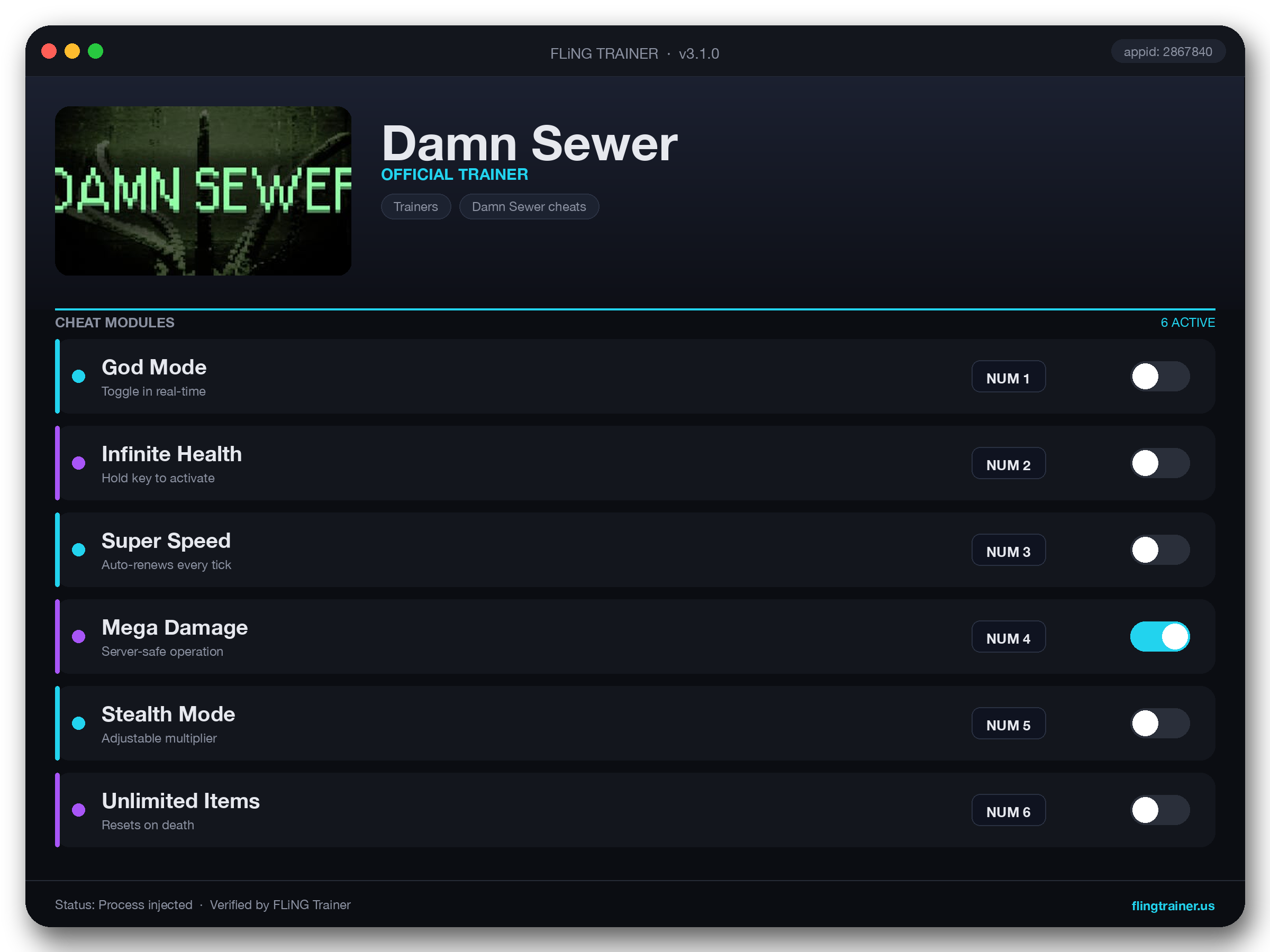 Damn Sewer Trainer interface