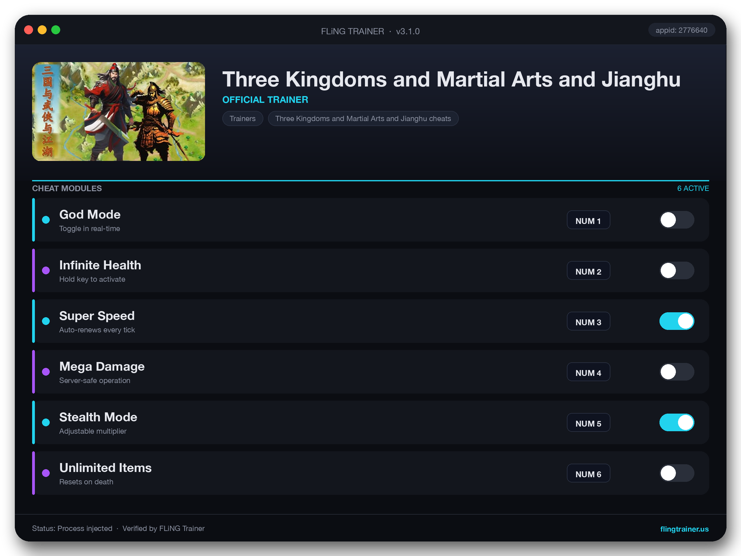 Three Kingdoms and Martial Arts and Jianghu Trainer interface