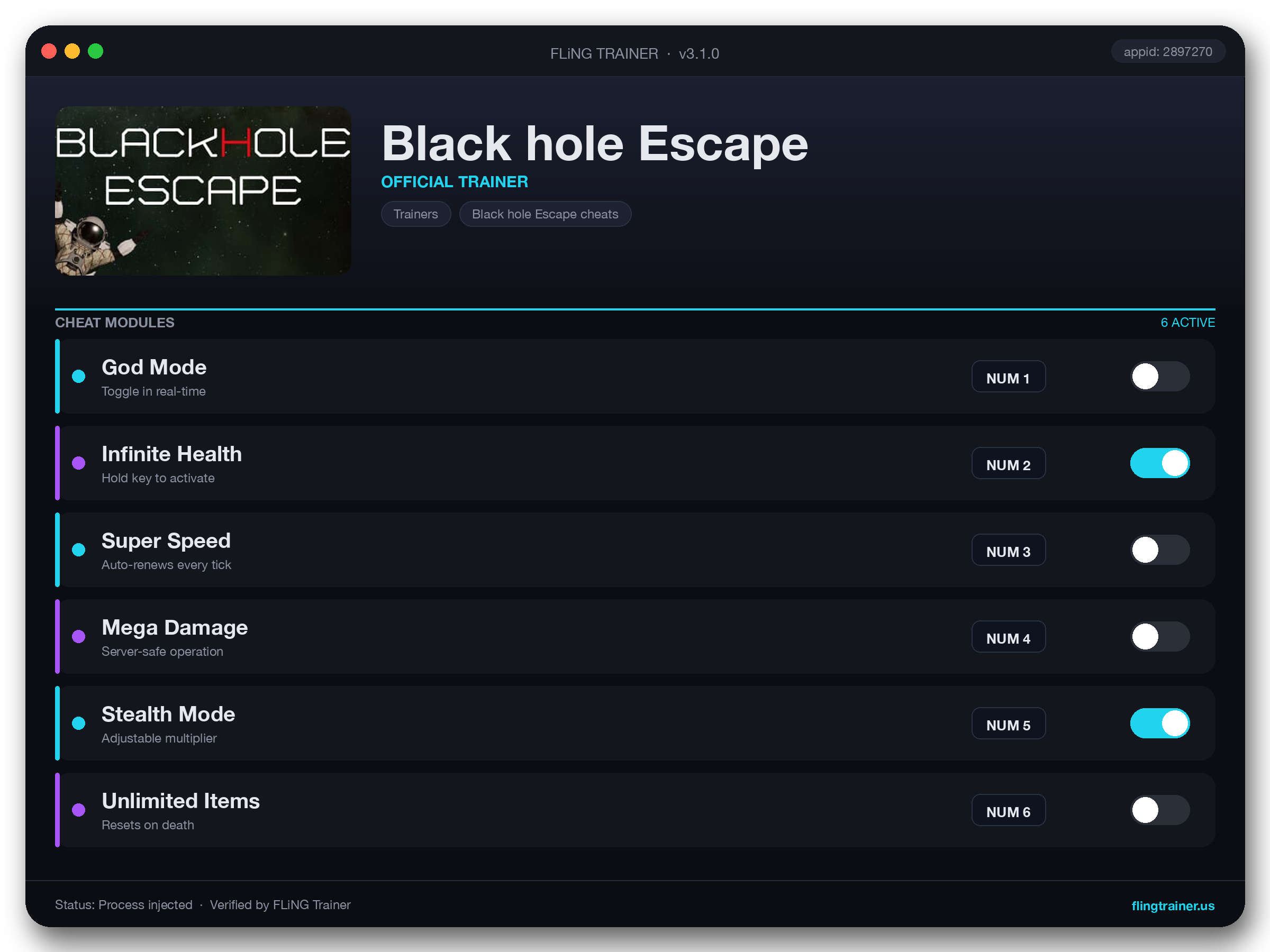 Black hole Escape Trainer interface