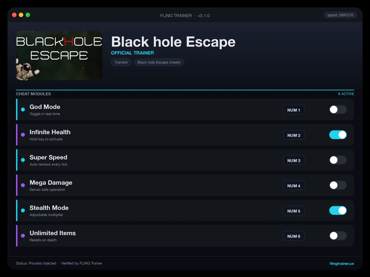 Black hole Escape Trainer interface