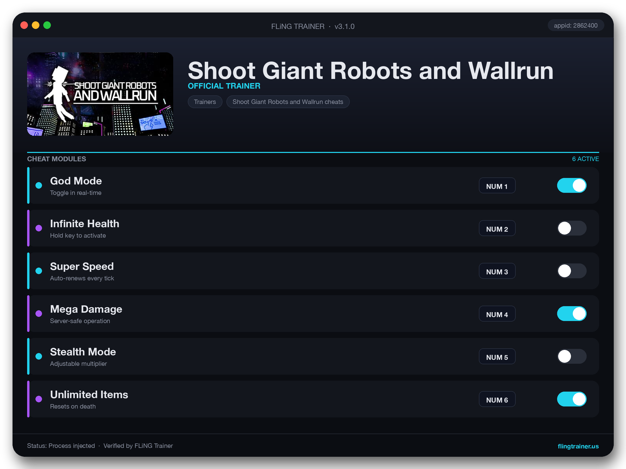 Shoot Giant Robots and Wallrun Trainer interface