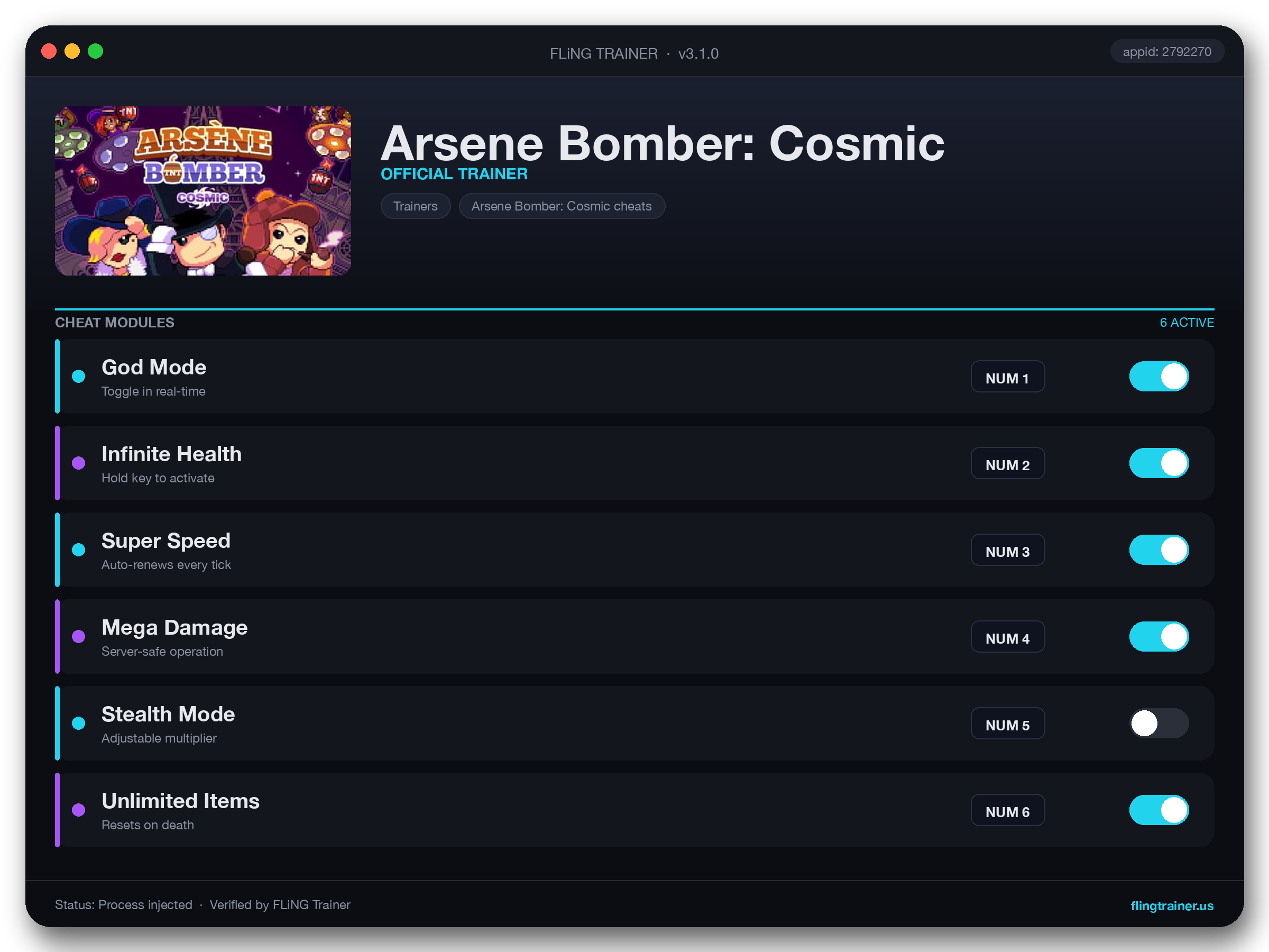 Arsene Bomber: Cosmic Trainer interface