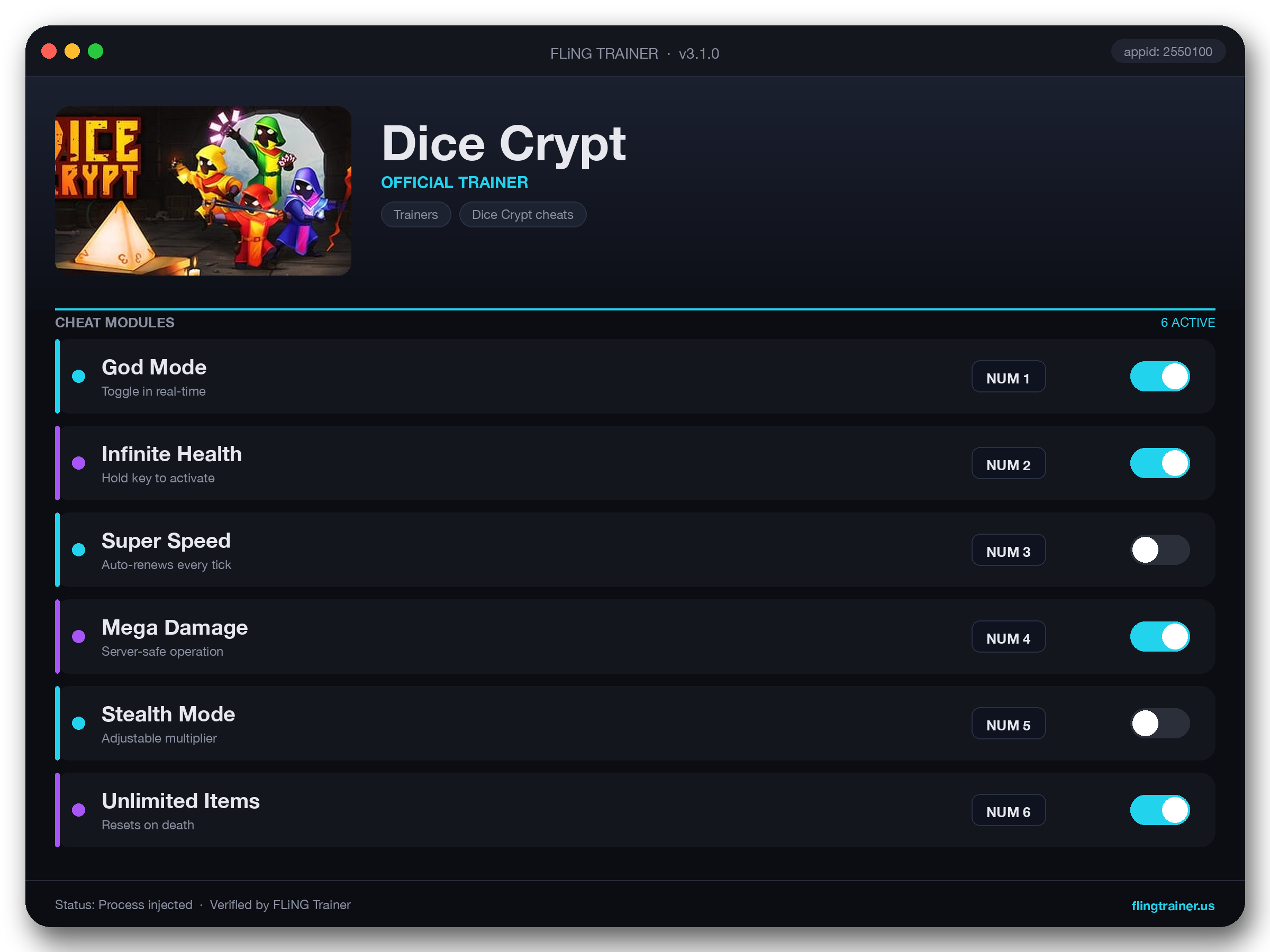 Dice Crypt Trainer interface