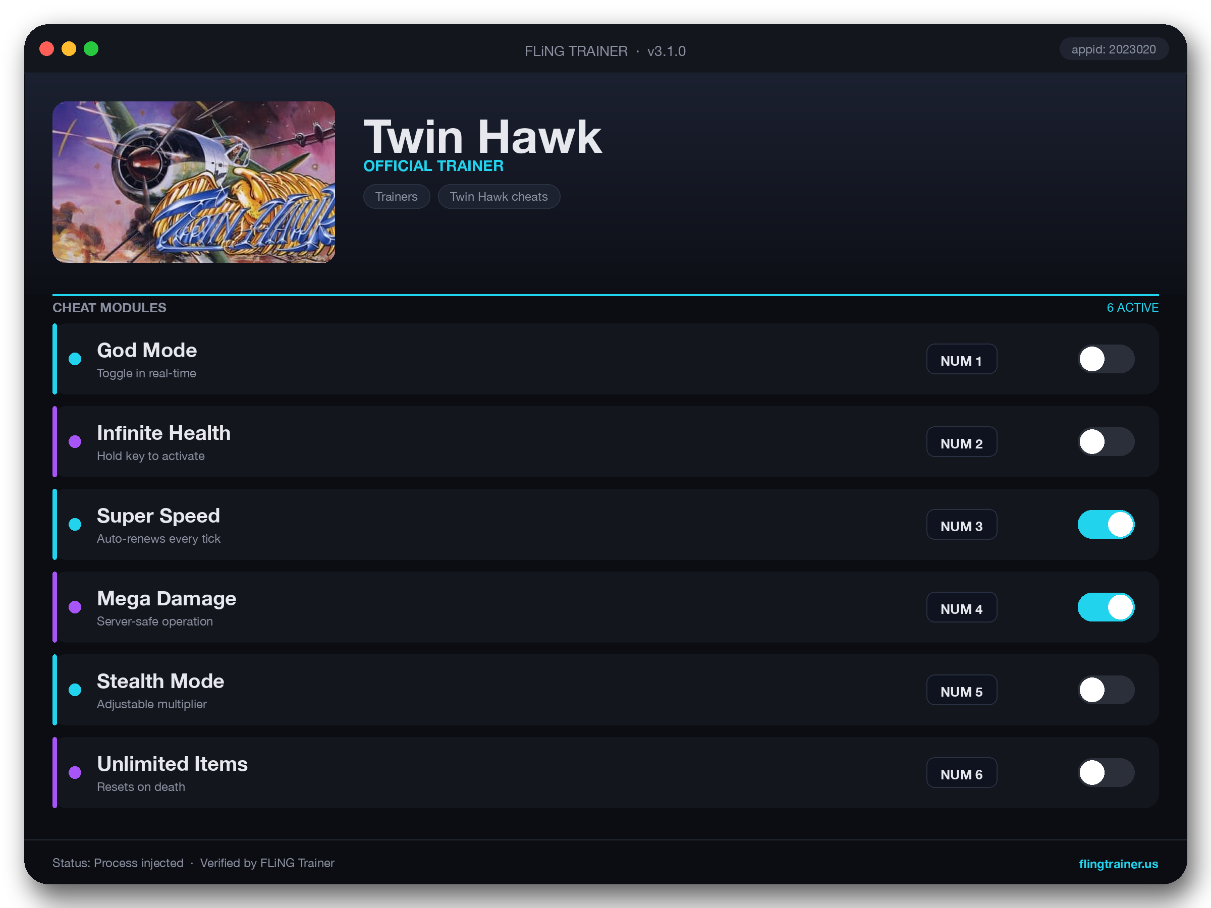 Twin Hawk Trainer interface