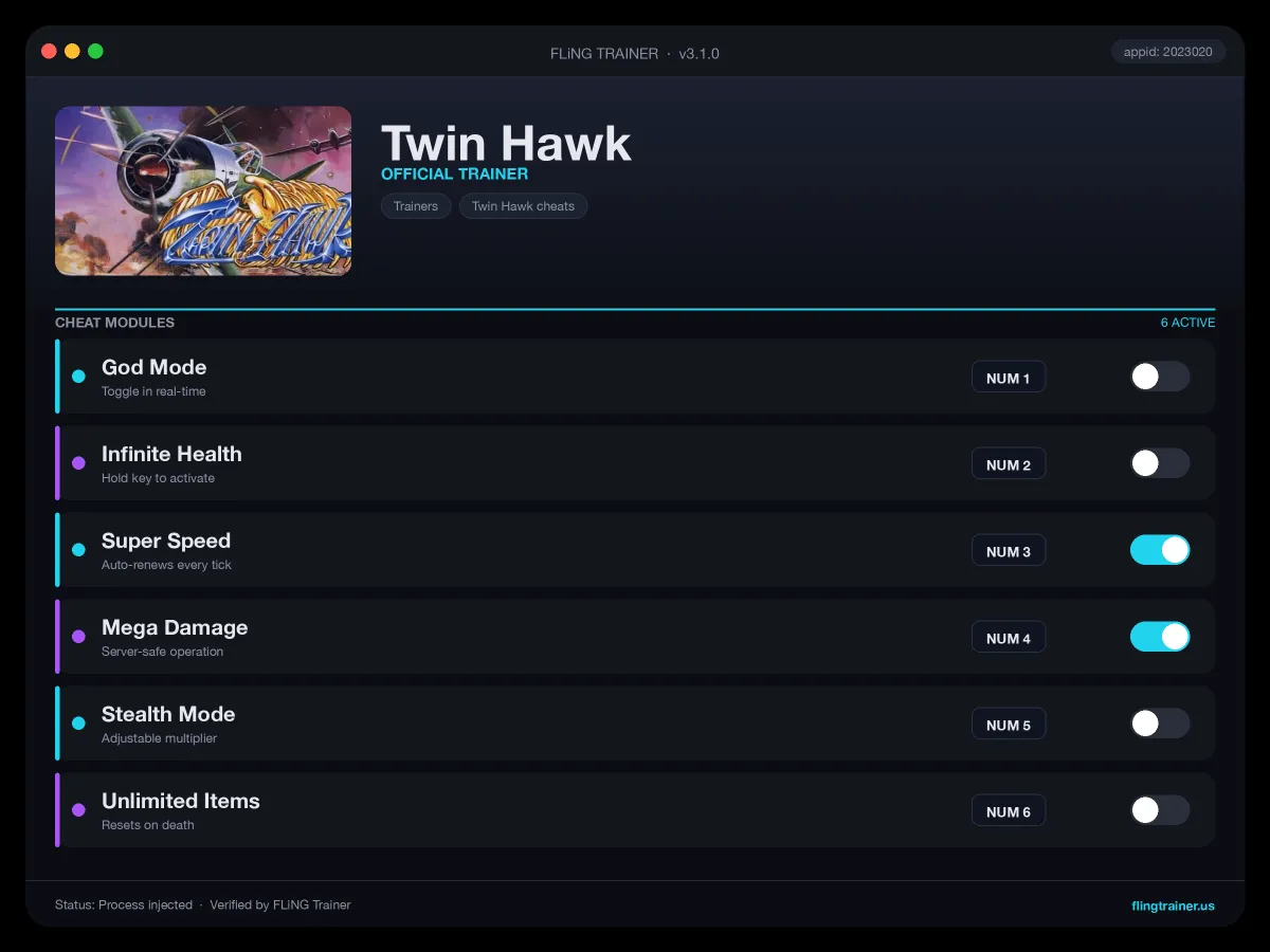 Twin Hawk Trainer interface