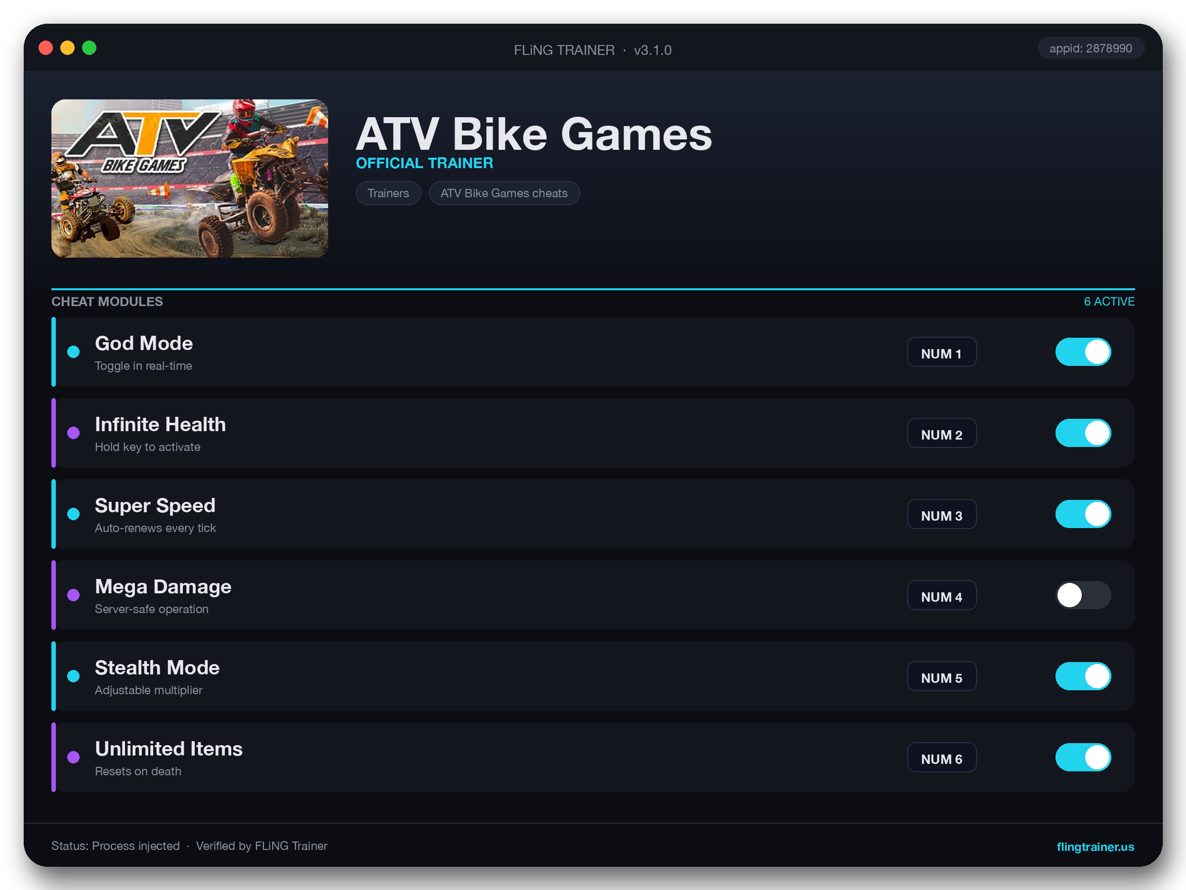 ATV Bike Games Trainer interface