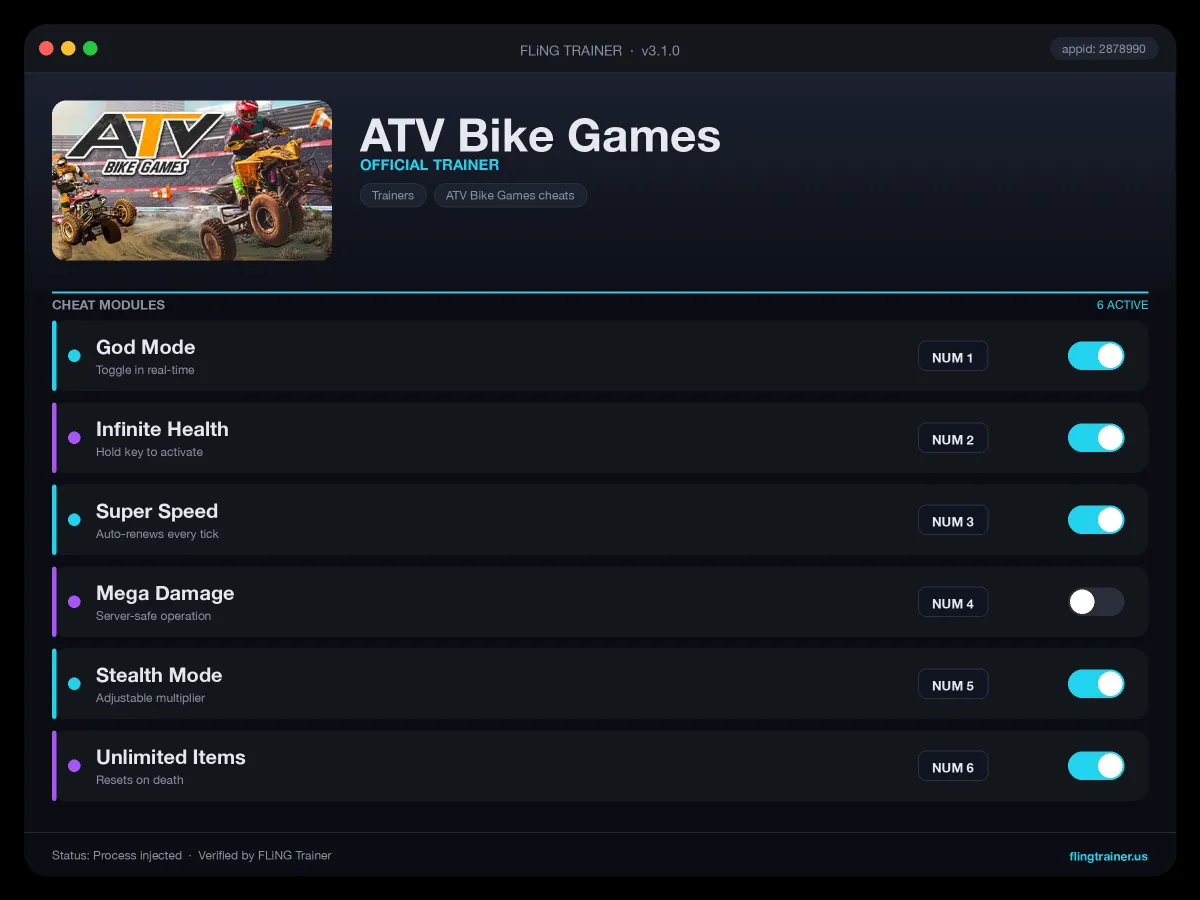 ATV Bike Games Trainer interface