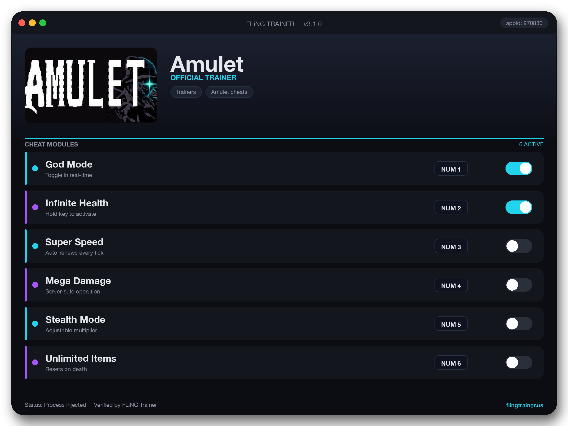 Amulet Trainer interface