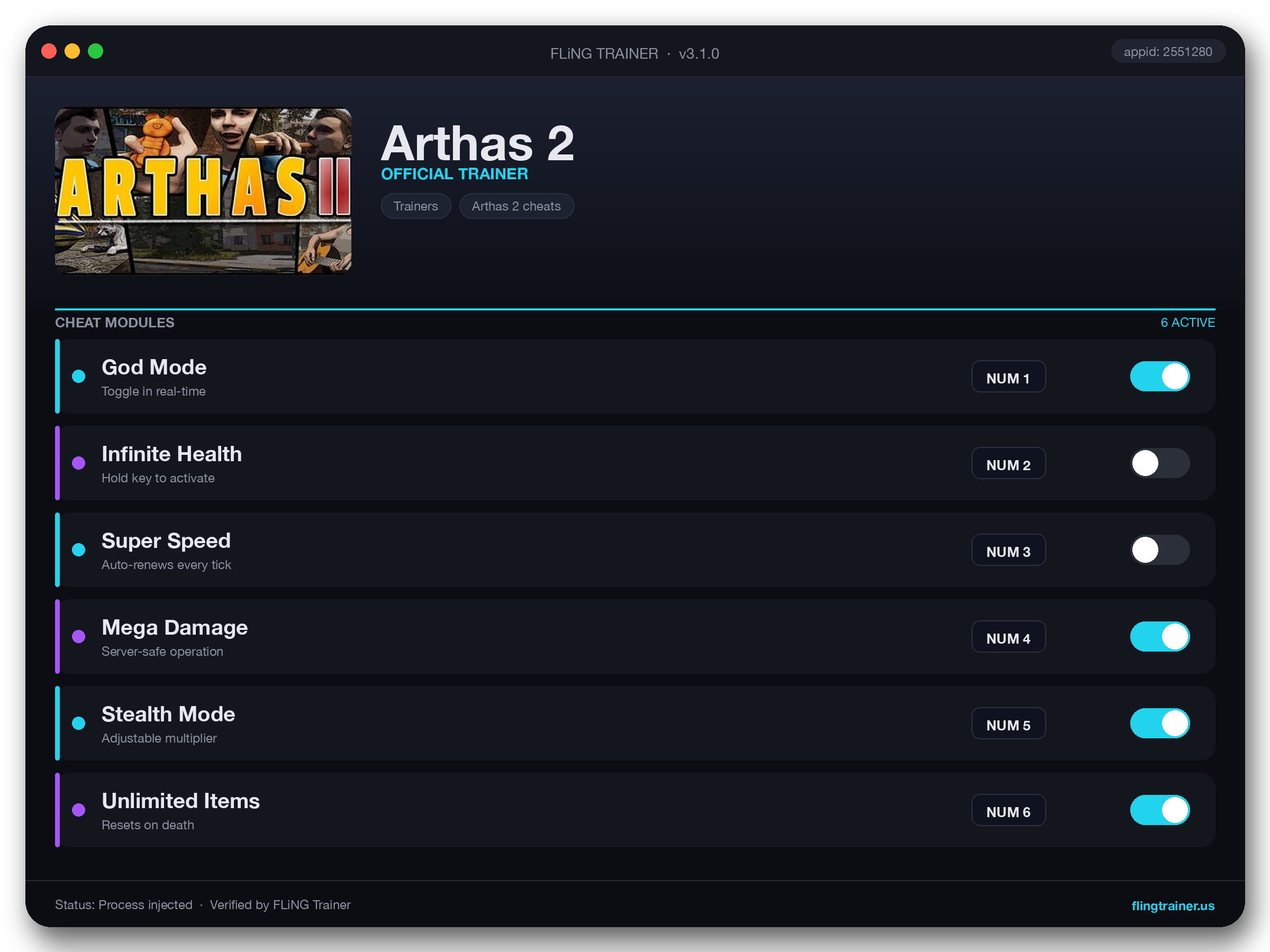 Arthas 2 Trainer interface