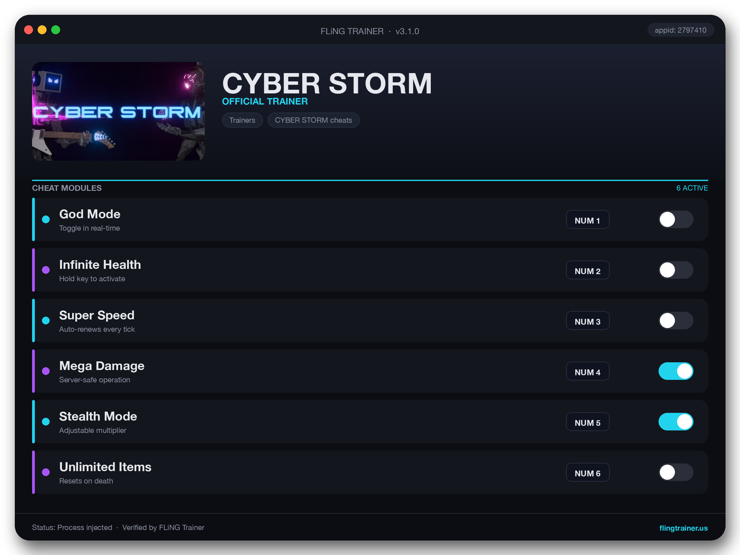 CYBER STORM Trainer interface