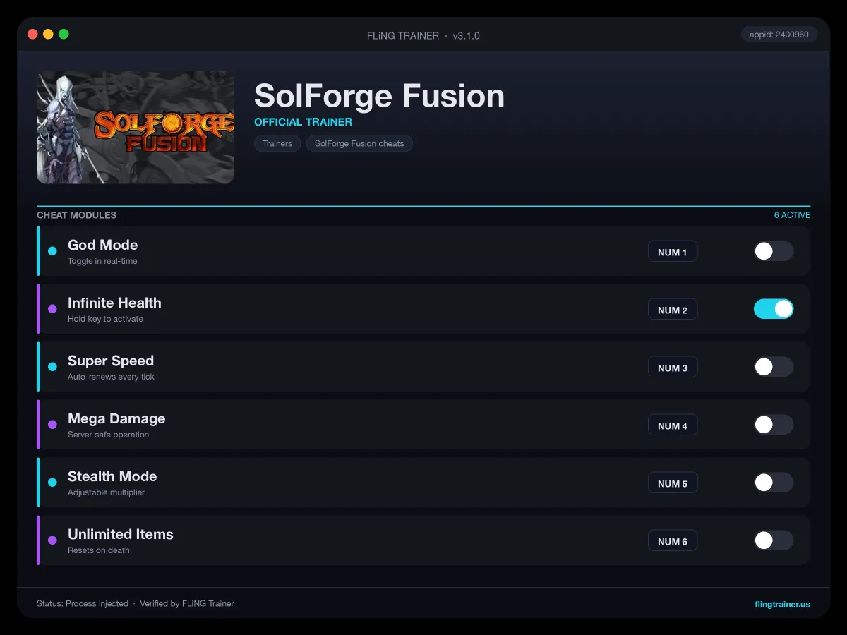 SolForge Fusion Trainer interface