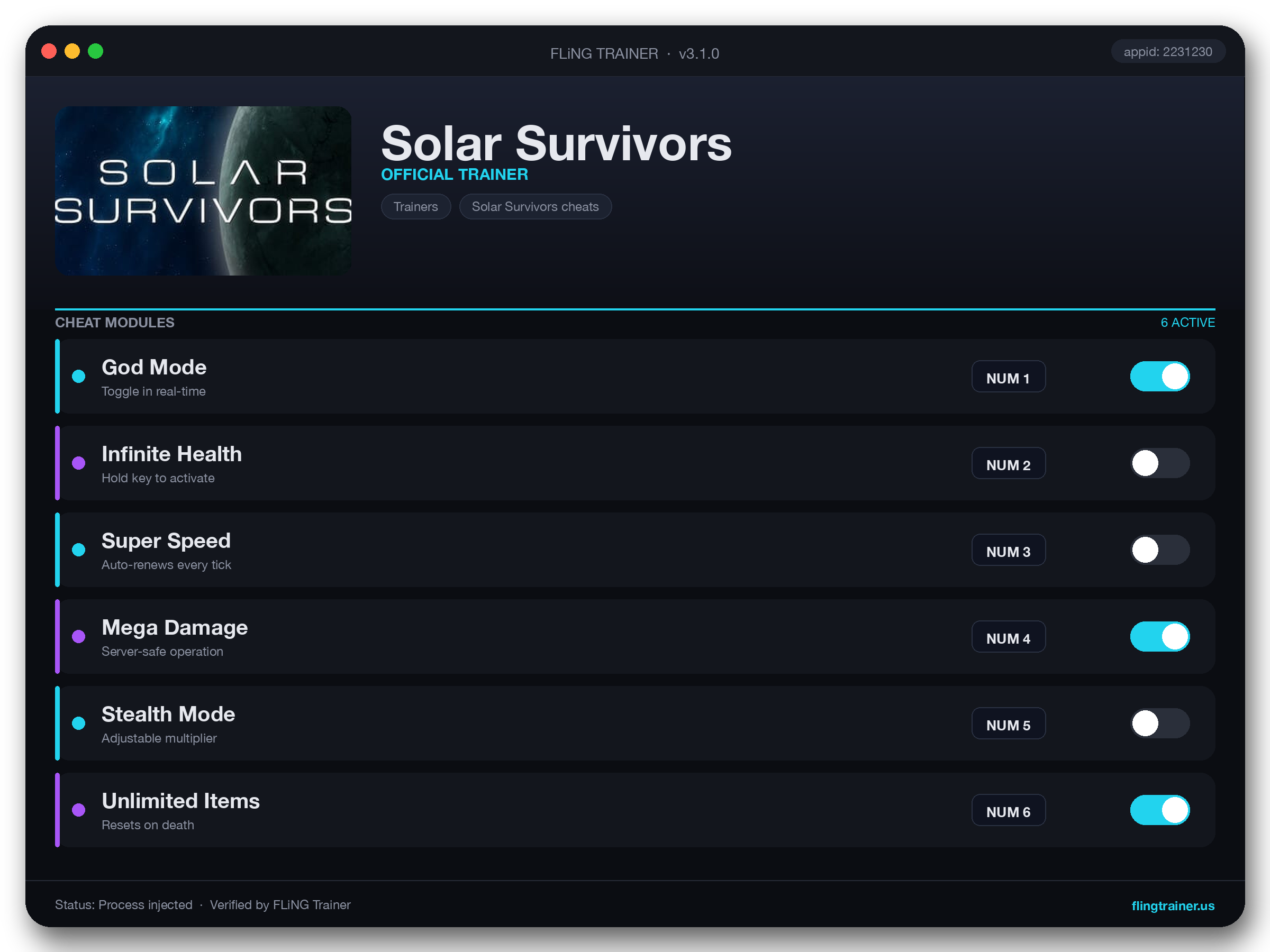 Solar Survivors Trainer interface