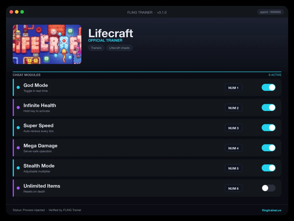 Lifecraft Trainer interface