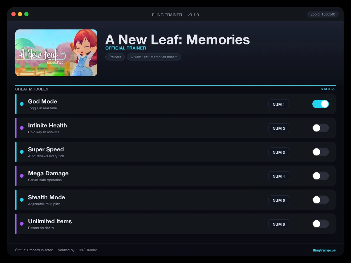 A New Leaf: Memories Trainer interface