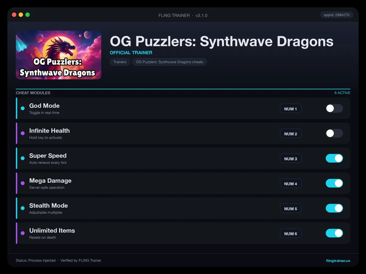 OG Puzzlers: Synthwave Dragons Trainer interface
