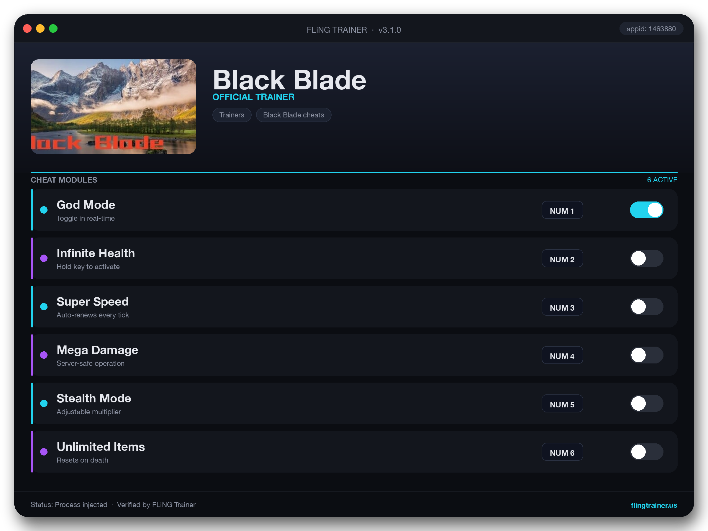 Black Blade Trainer interface
