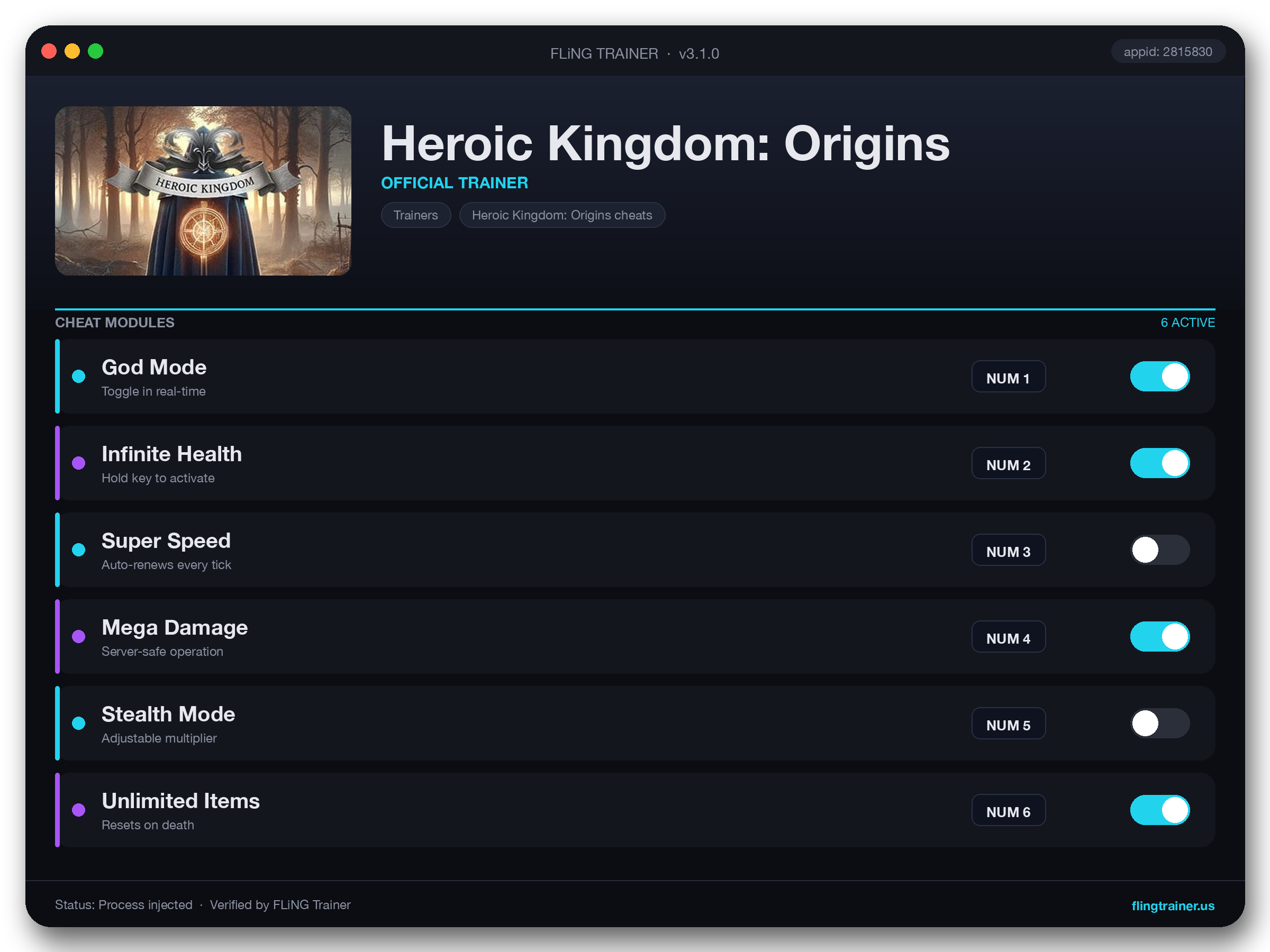Heroic Kingdom: Origins Trainer interface